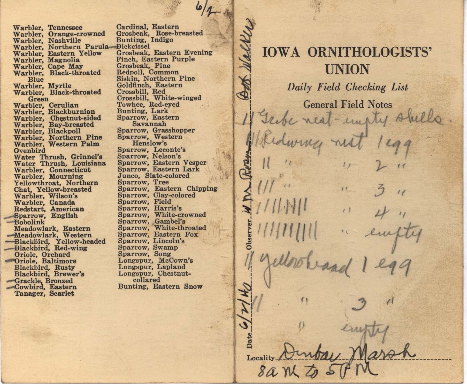 Daily field checking list by Walter Rosene, June 2, 1940