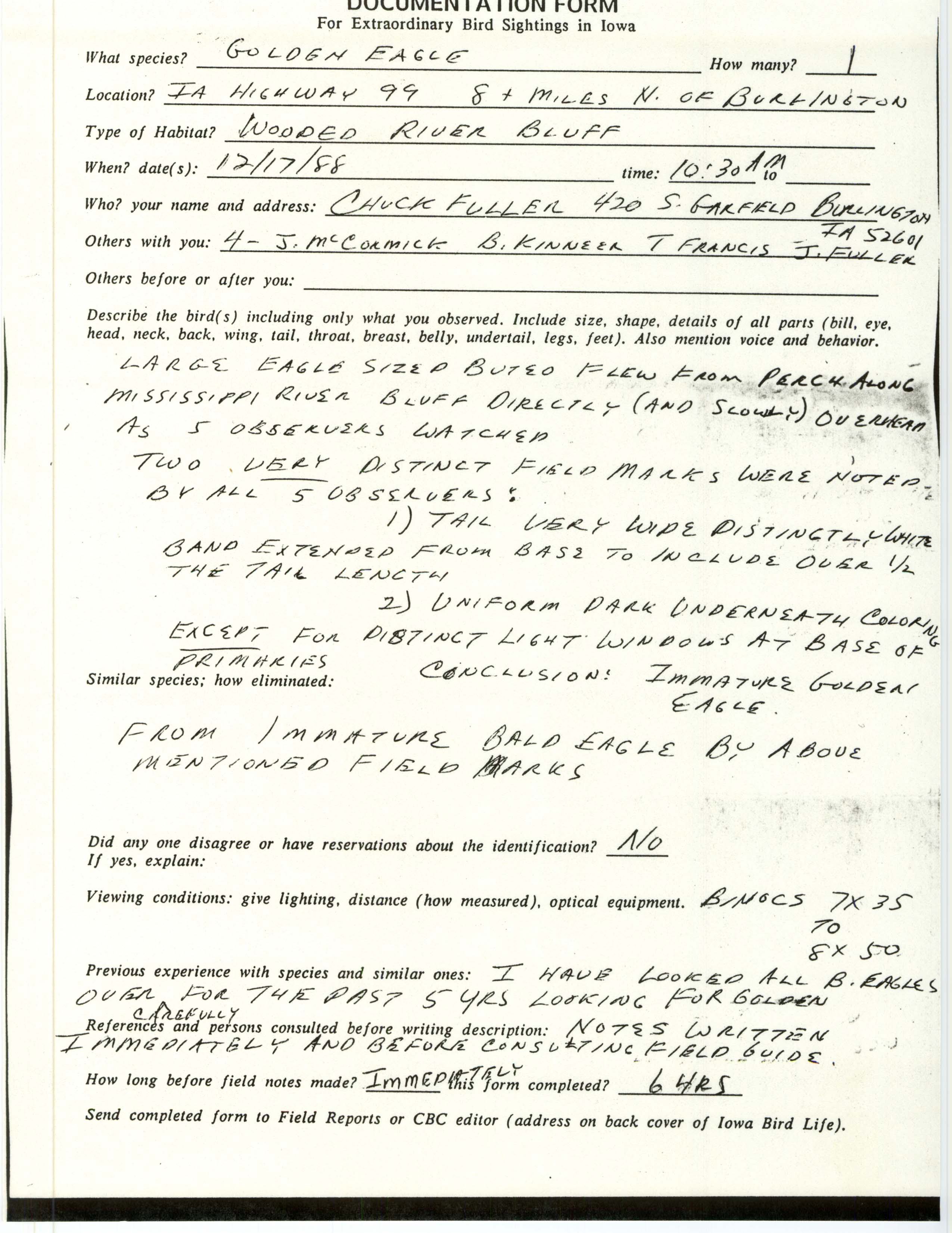 Rare bird documentation form for Golden Eagle north of Burlington, 1988