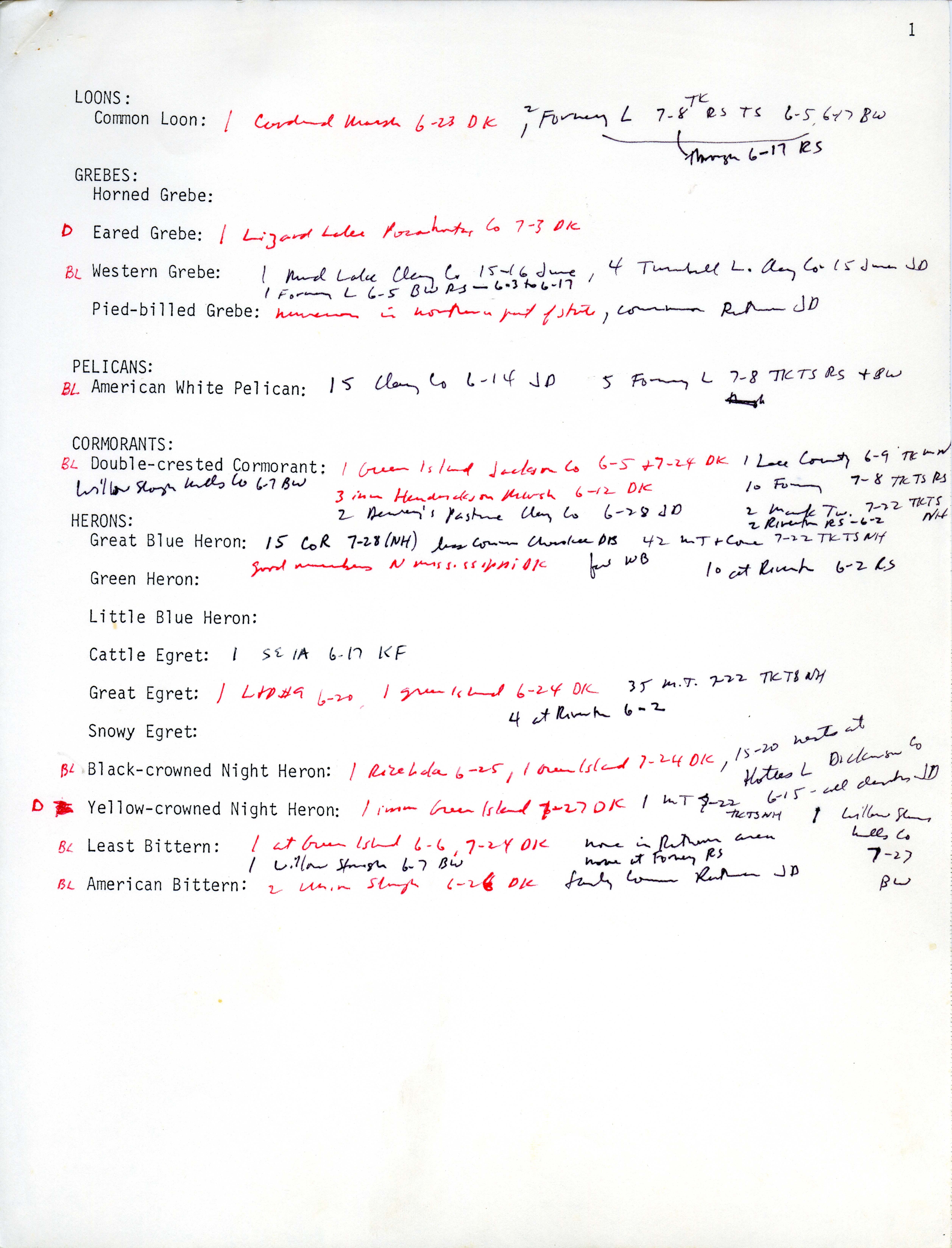 Annotated bird sightings list, summer 1979
