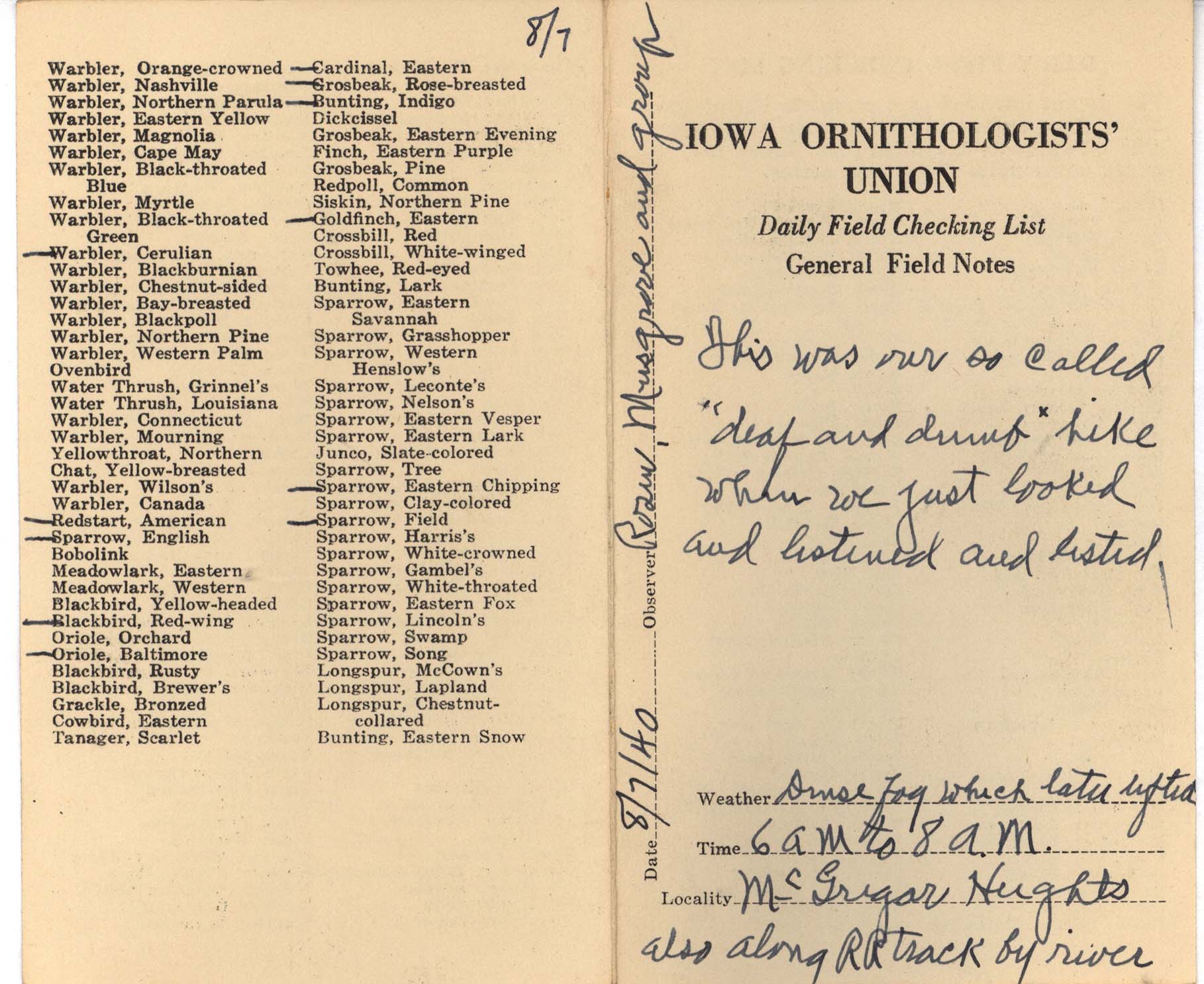 Daily field checking list by Walter Rosene, August 7, 1940