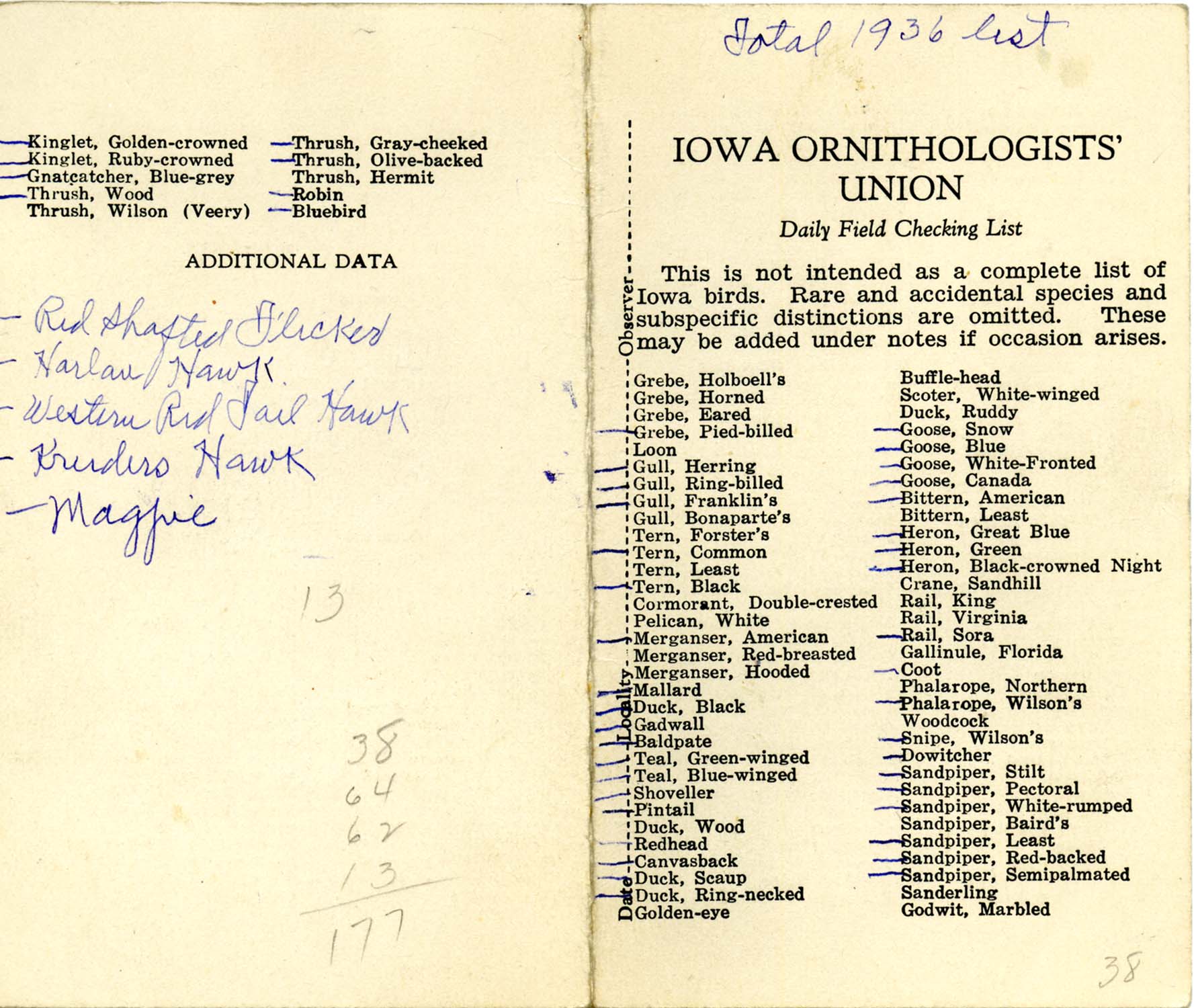 Daily field checking list by Walter Rosene, 1936