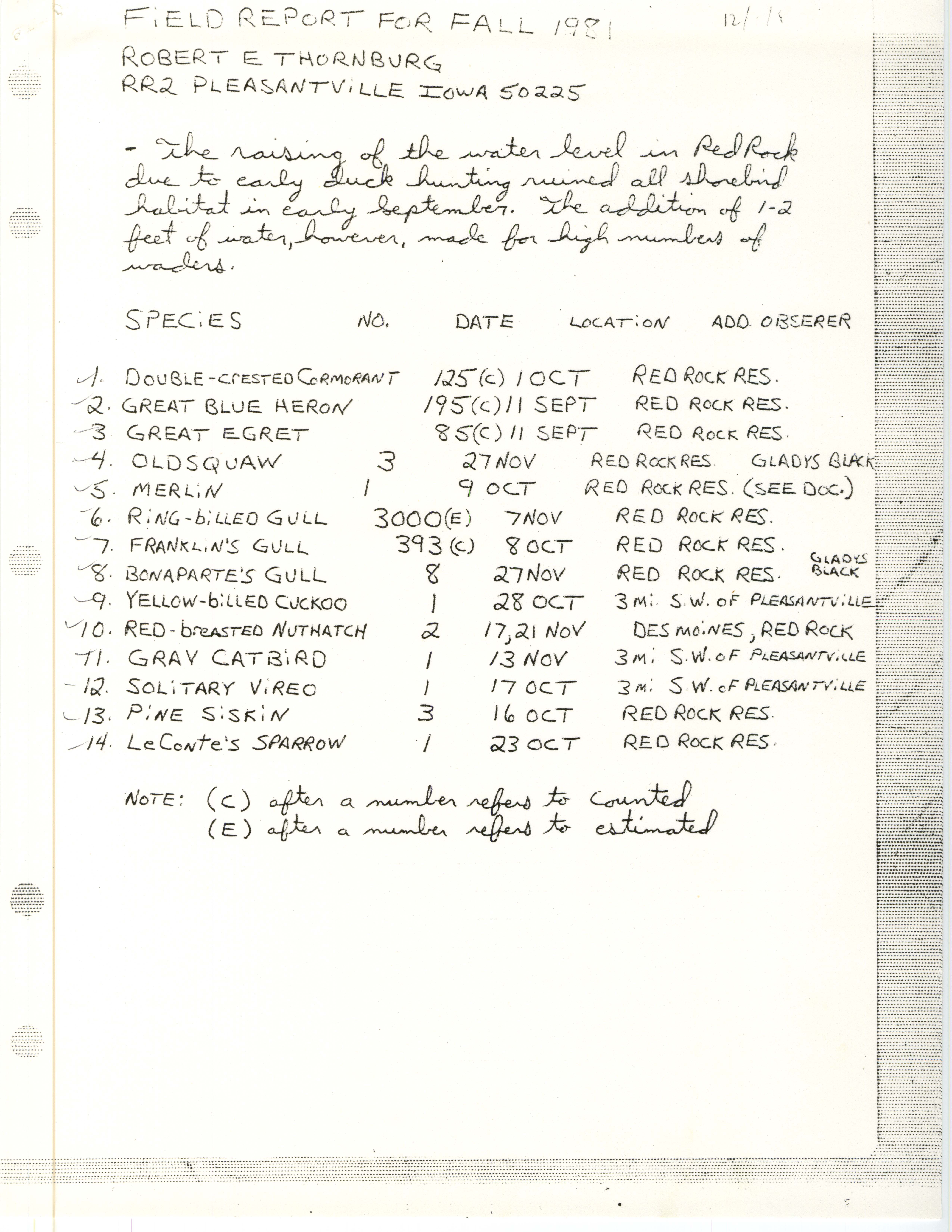 Field notes contributed by Robert E. Thornburg, fall 1981