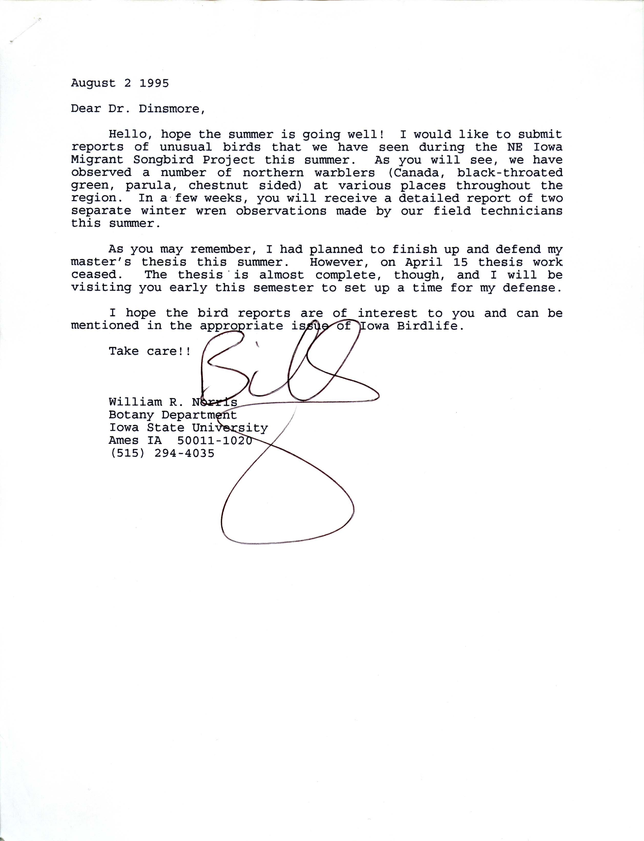 William Norris letter to Jim Dinsmore regarding unusual bird sightings, August 2, 1995