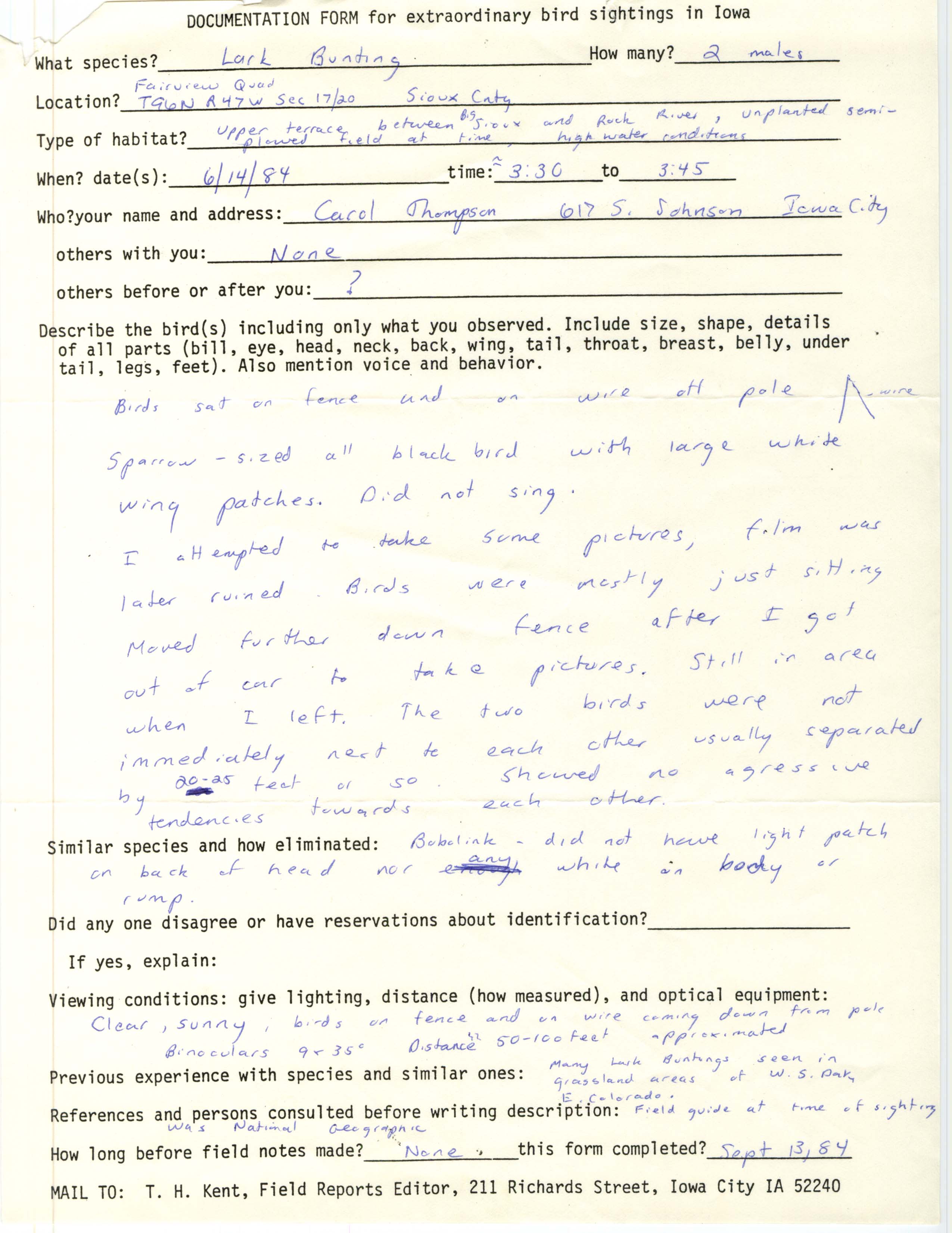 Rare bird documentation form for Lark Bunting in Garfield Township in Sioux County, 1984