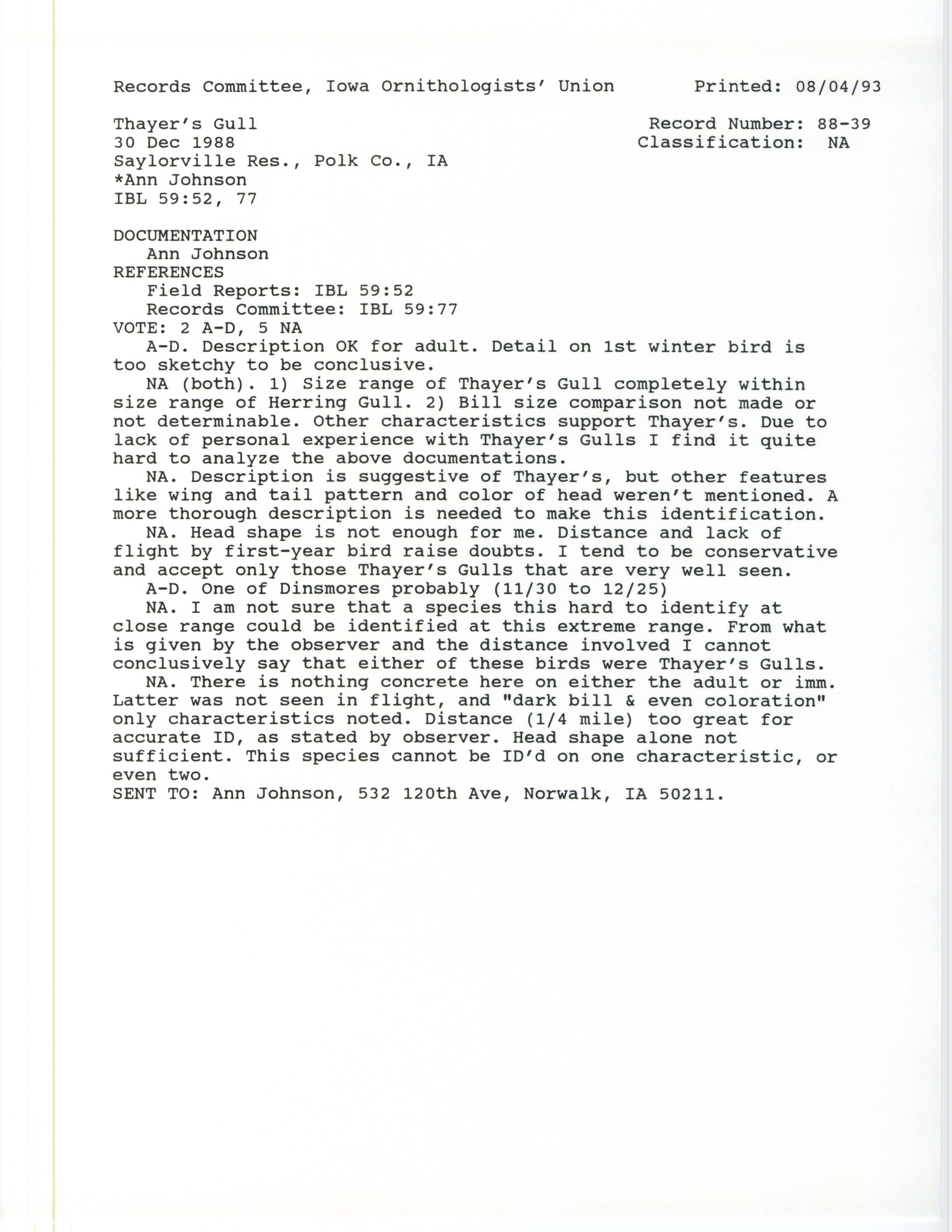 Records Committee review for rare bird sighting of Thayer's Gull at Saylorville Dam, 1988