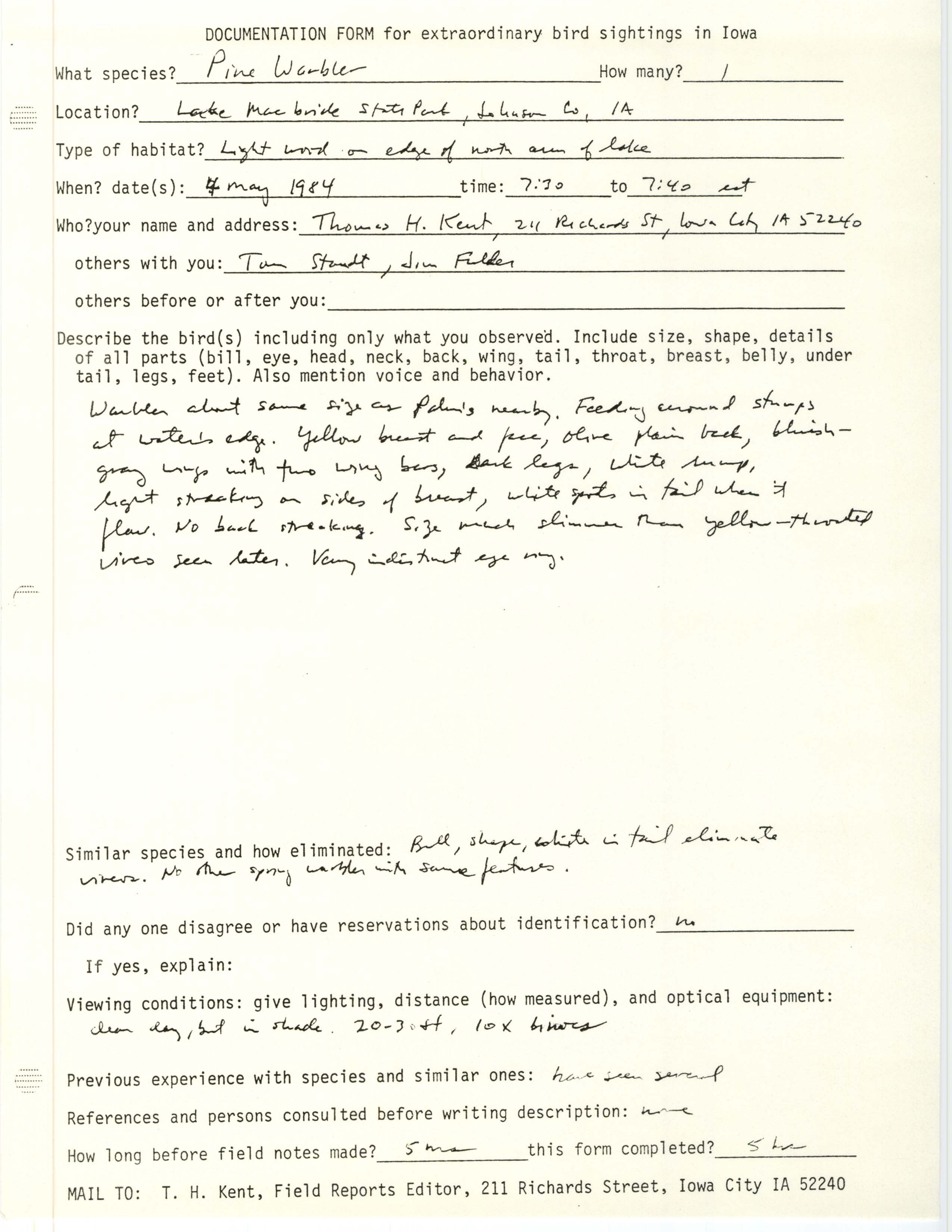 Rare bird documentation form for Pine Warbler at Lake MacBride State Park in 1984