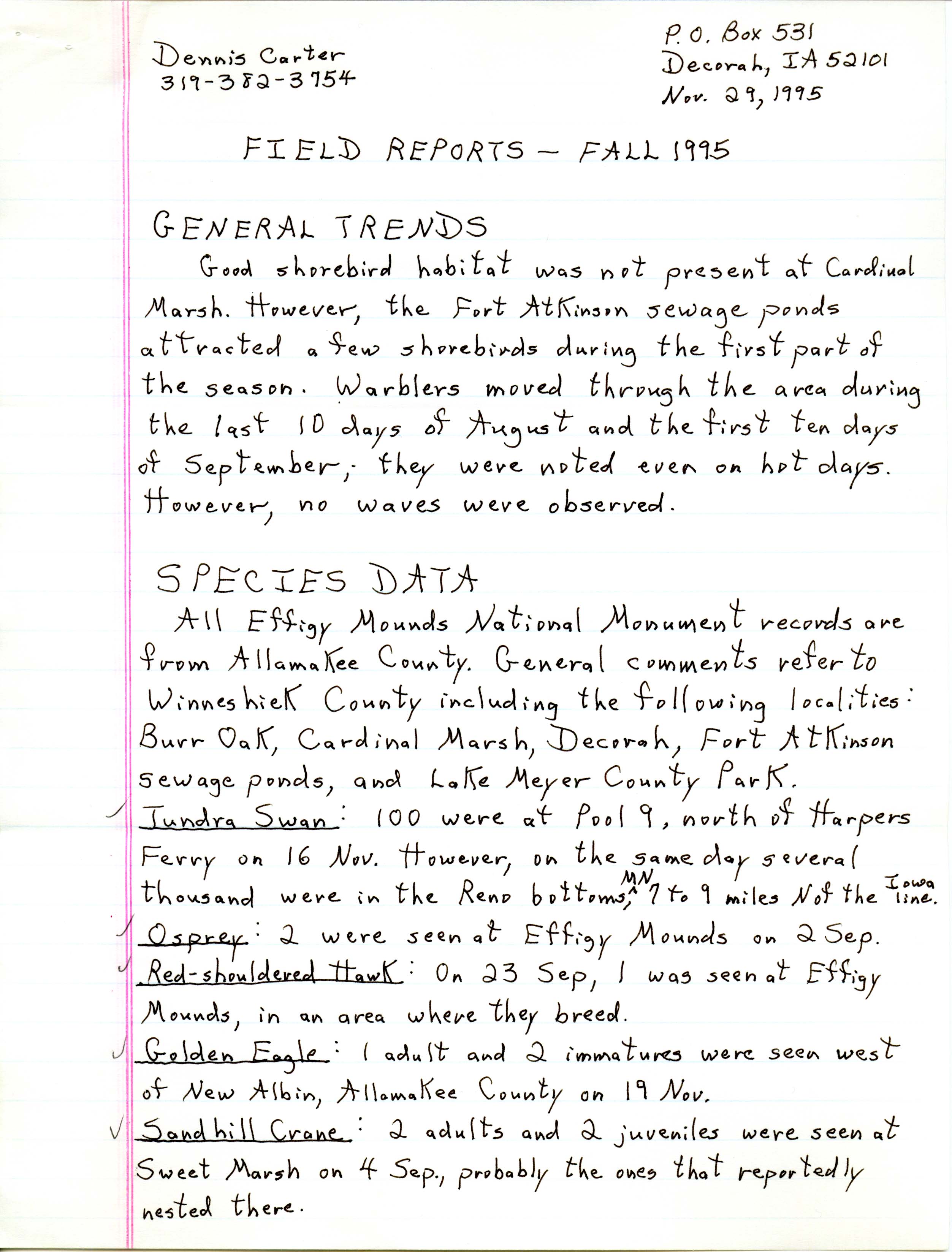 Field notes contributed by Dennis L. Carter, November 29, 1995