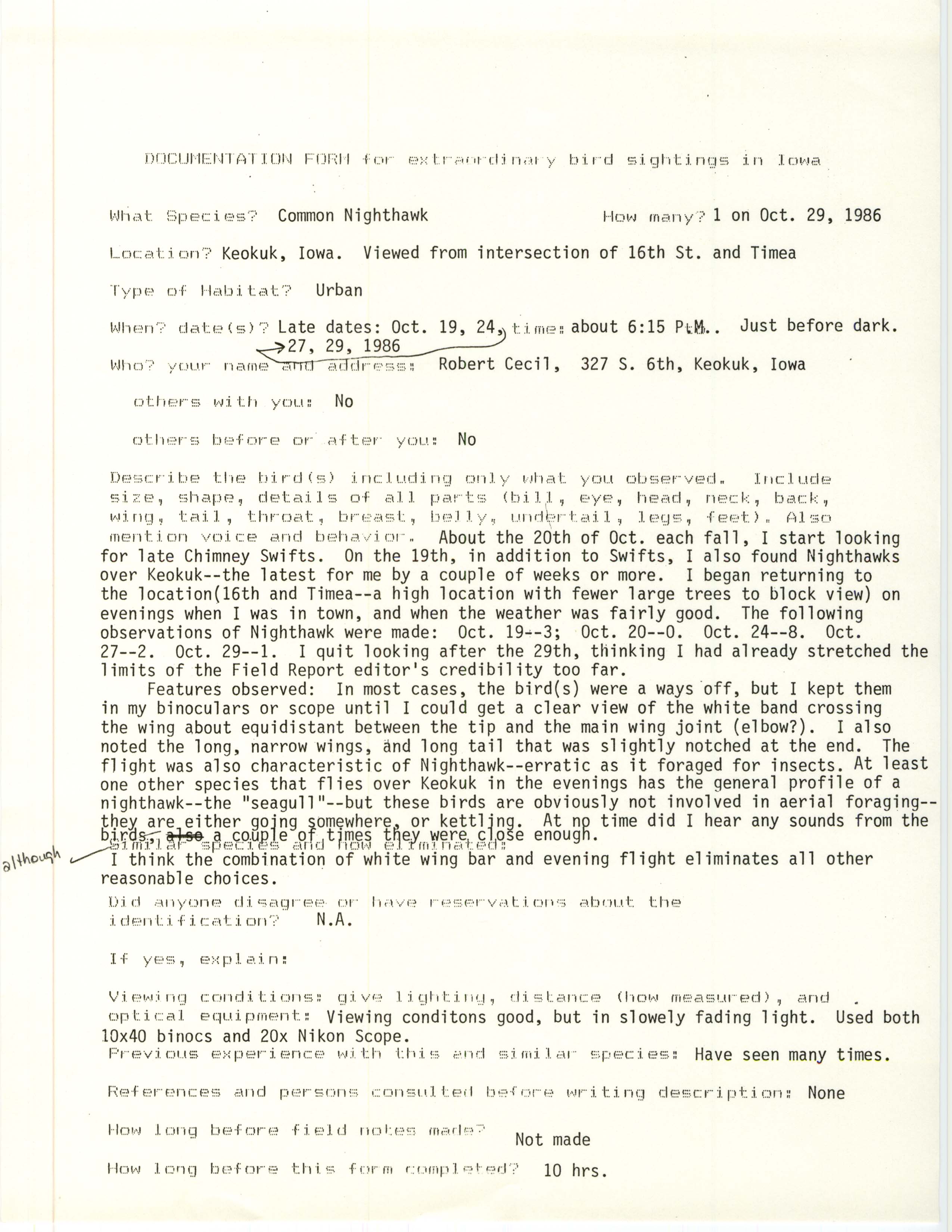 Rare bird documentation form for Common Nighthawk at Keokuk in 1986