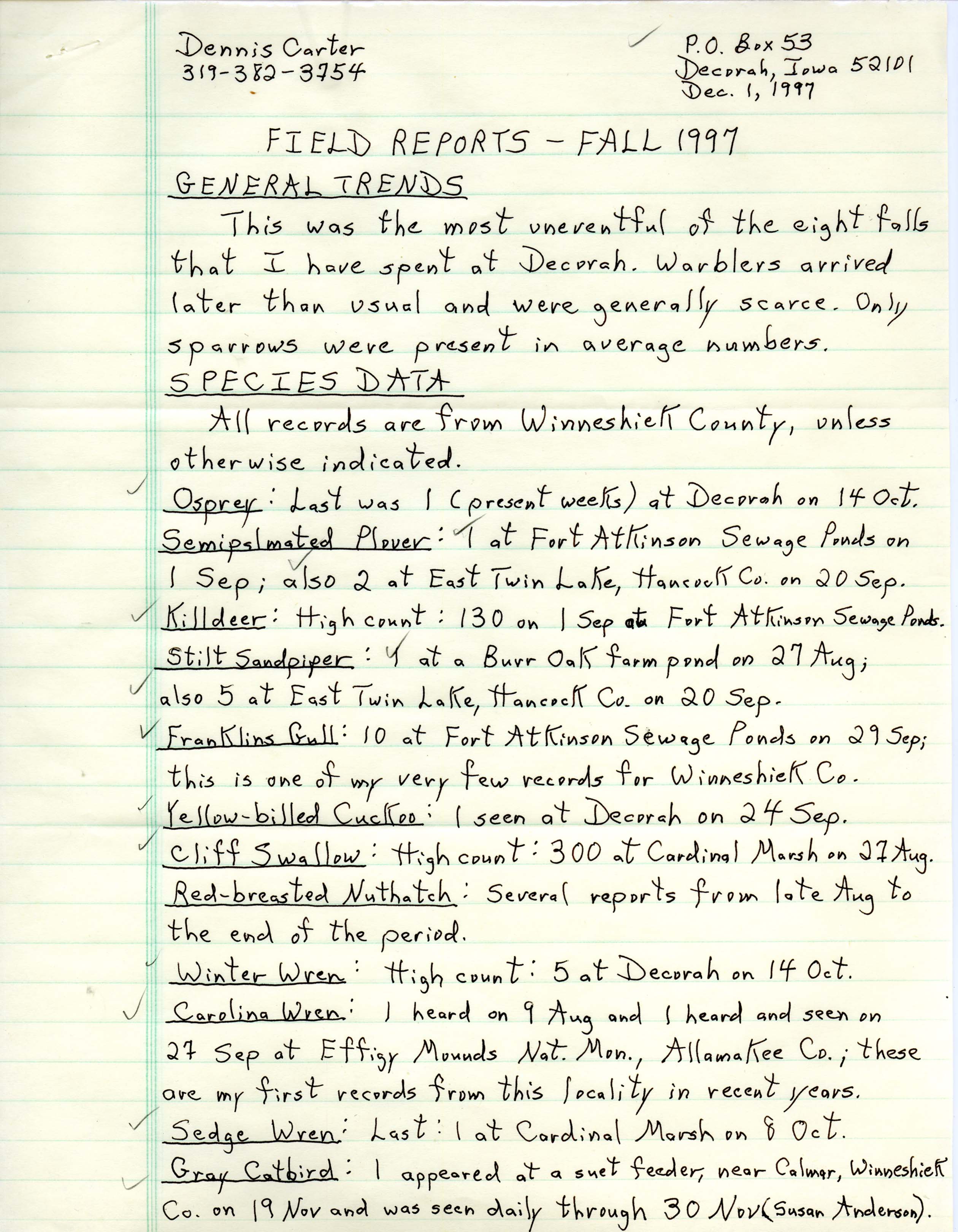 Field notes contributed by Dennis L. Carter, December 1, 1997