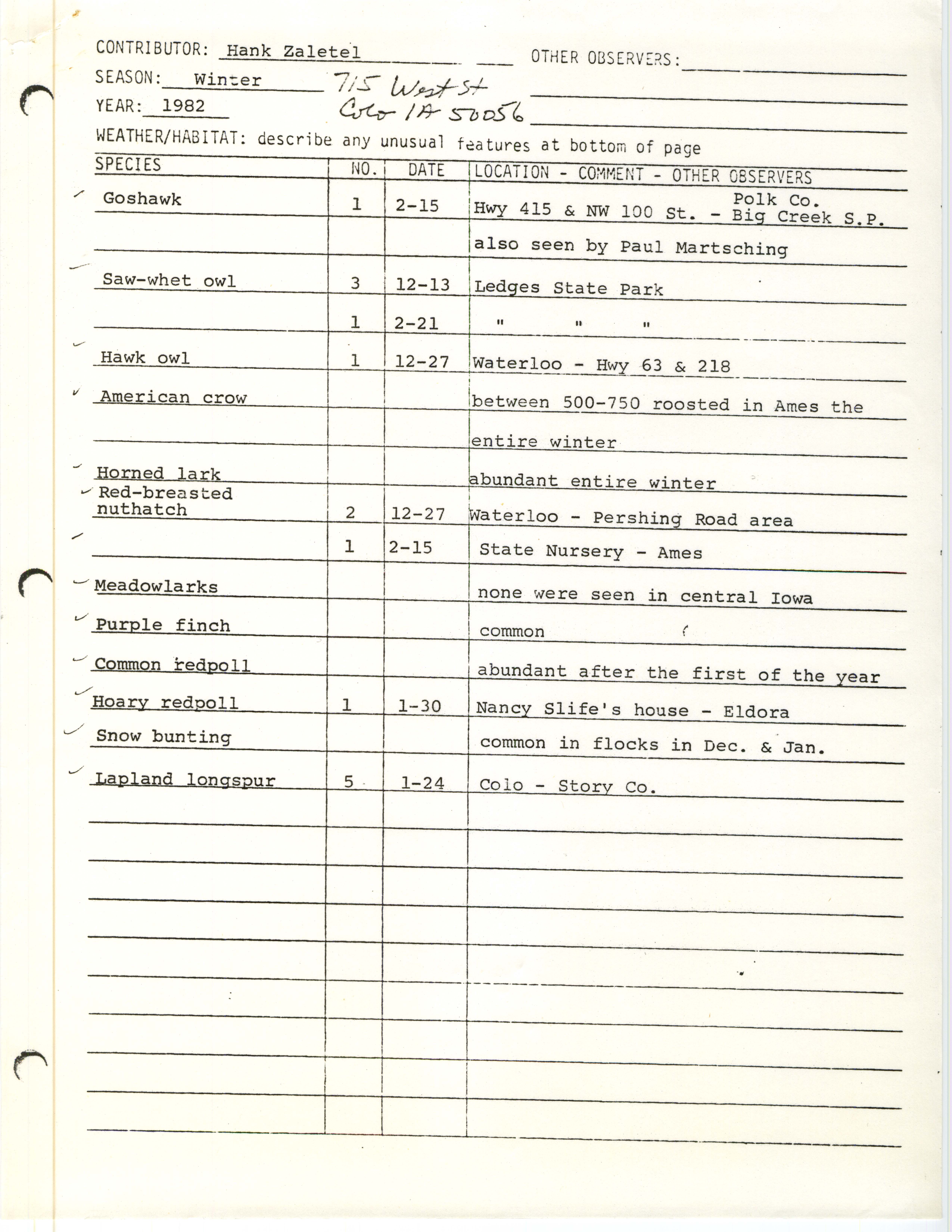 Field notes contributed by Hank Zaletel, winter 1981-1982