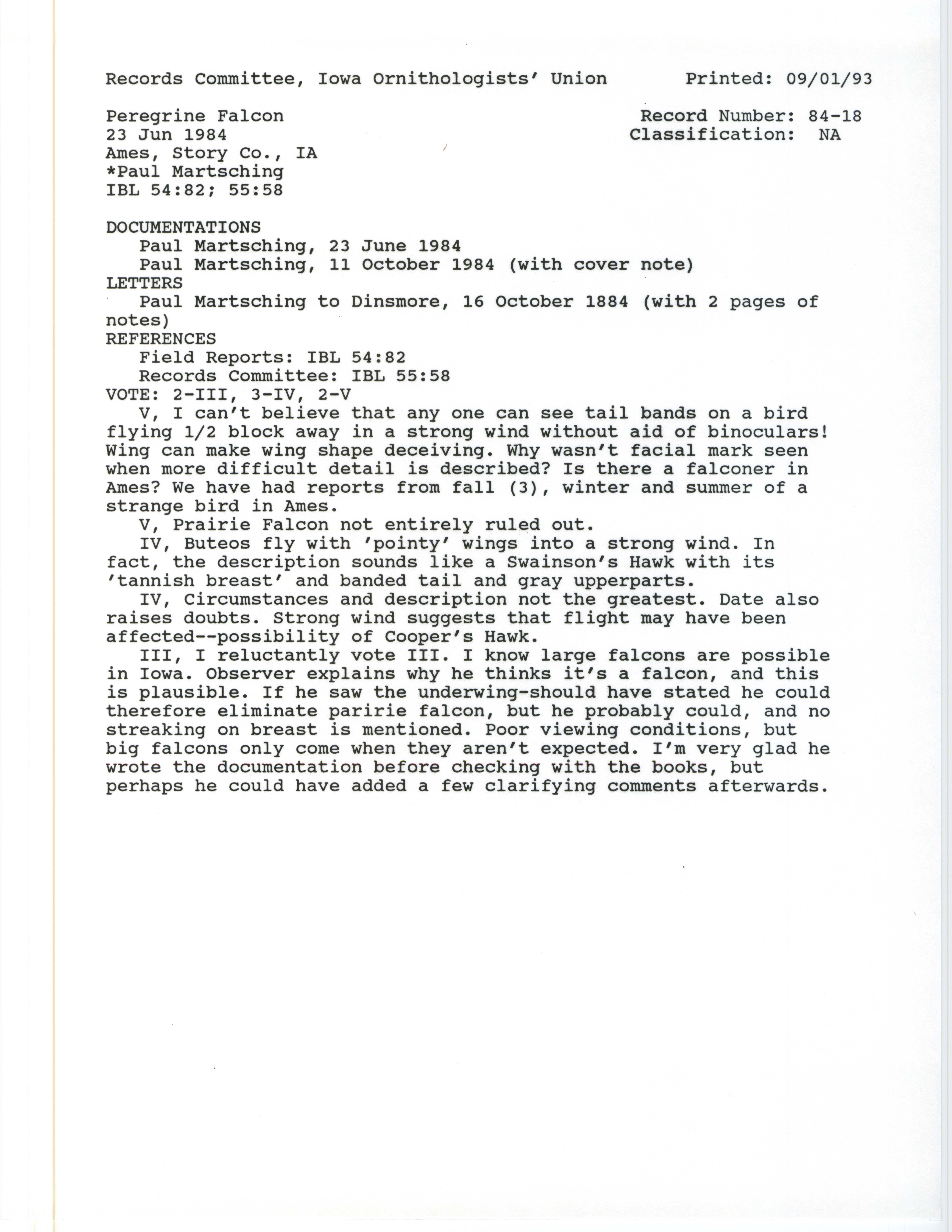 Records Committee review for rare bird sighting of Peregrine Falcon at Ames, 1984