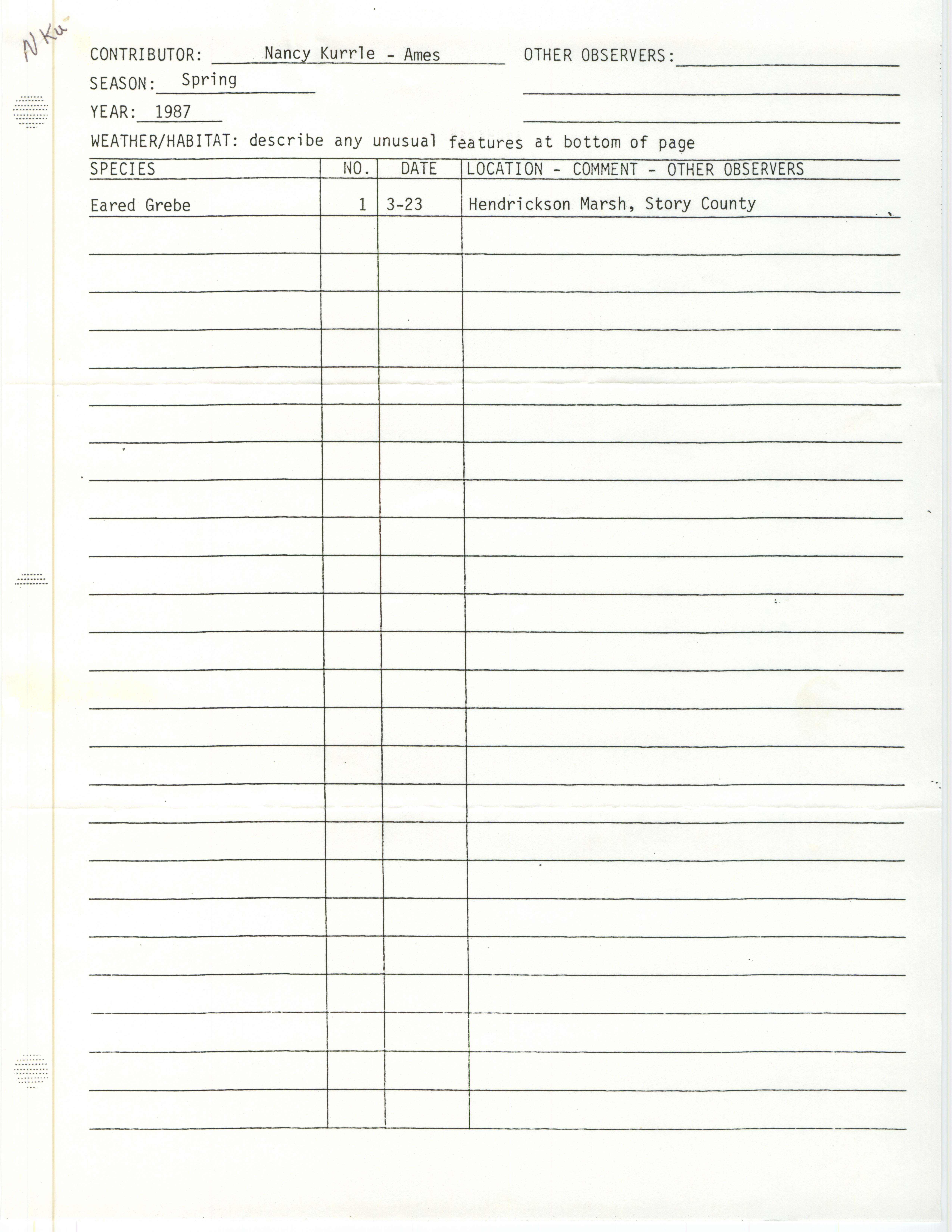 Field notes contributed by Nancy Kurrle, spring 1987