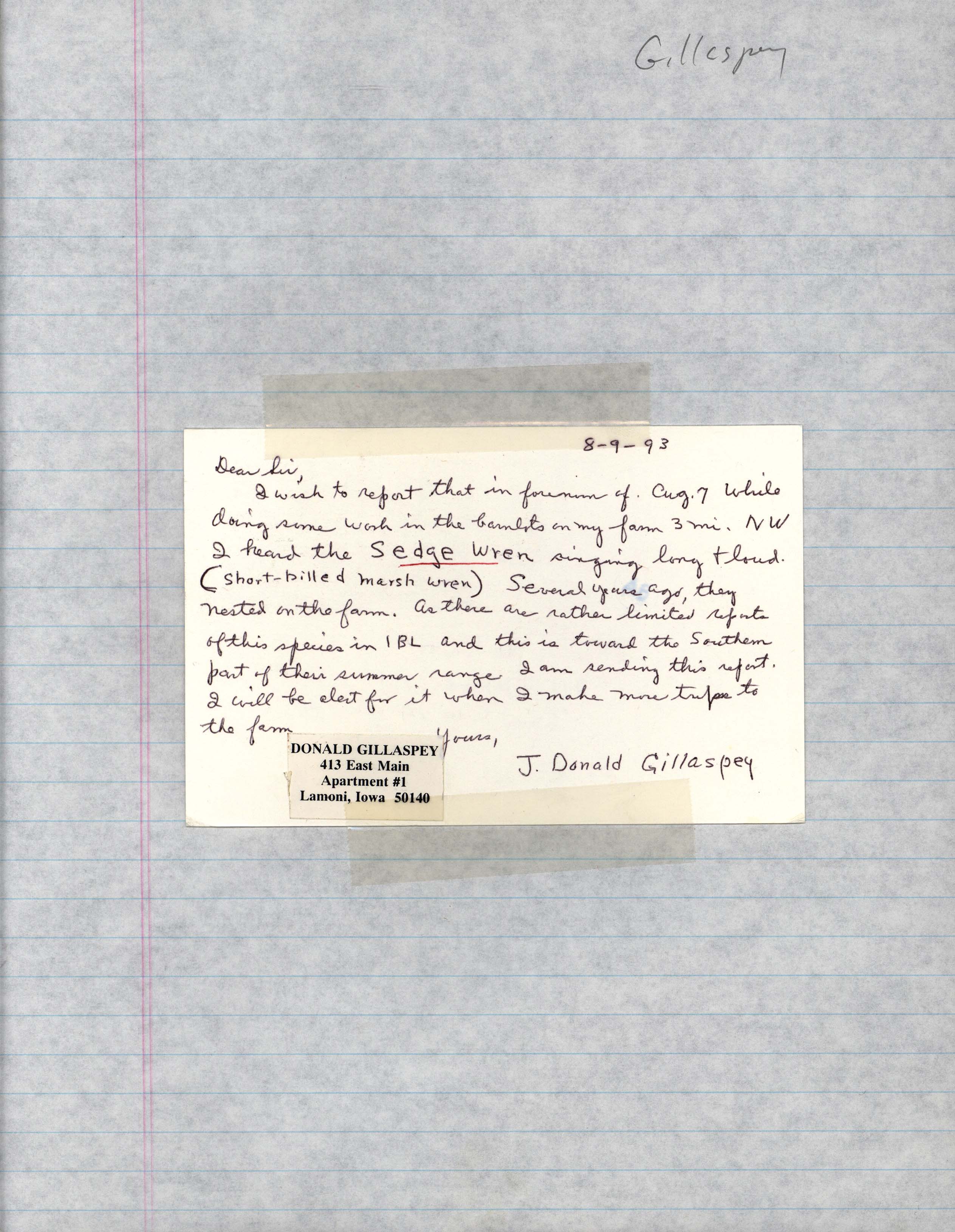 J. Donald Gillaspey letter regarding a Sedge Wren sighting, August 9, 1993