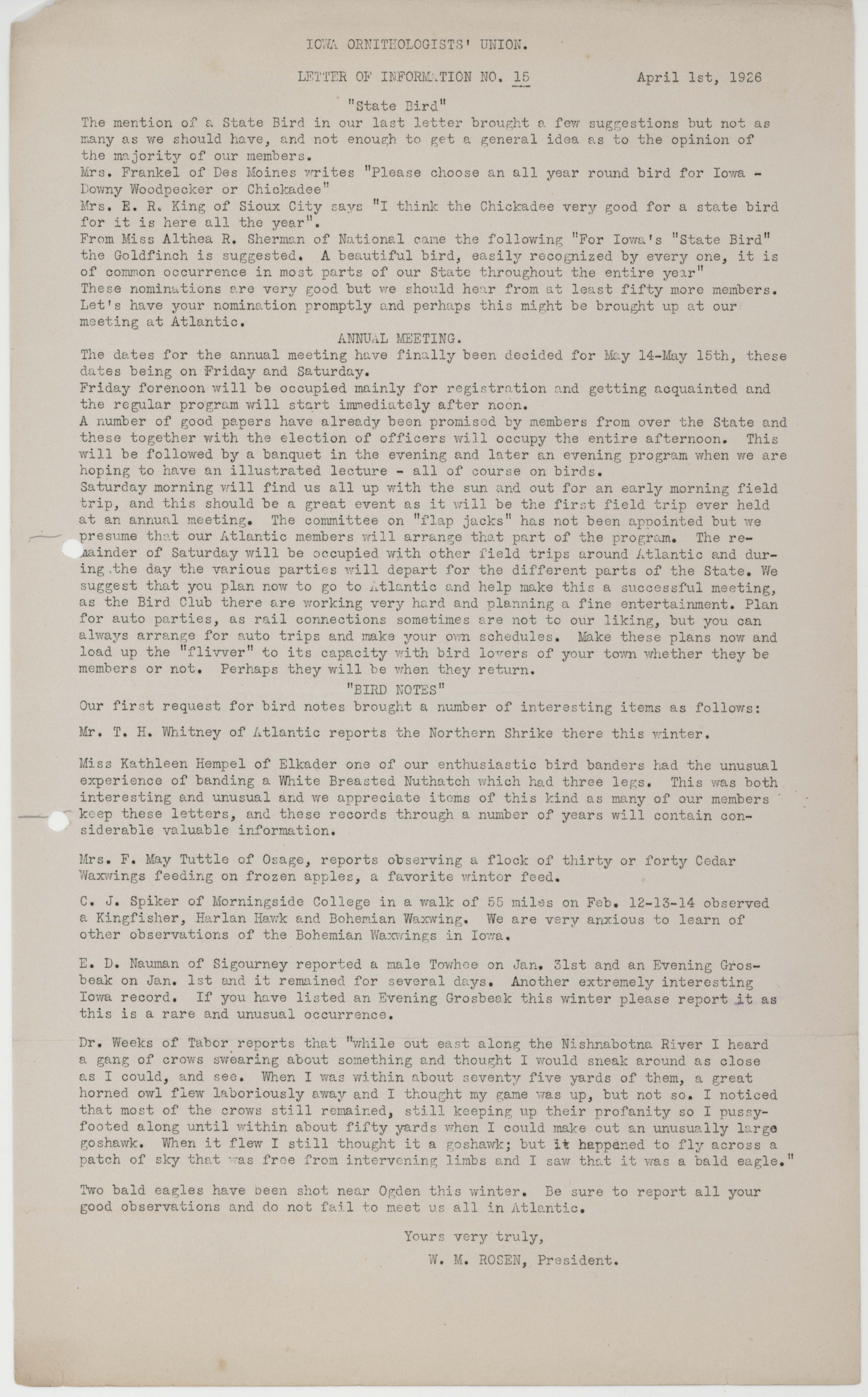 Letter to members of the Iowa Ornithologists' Union regarding annual meeting, April 1, 1926