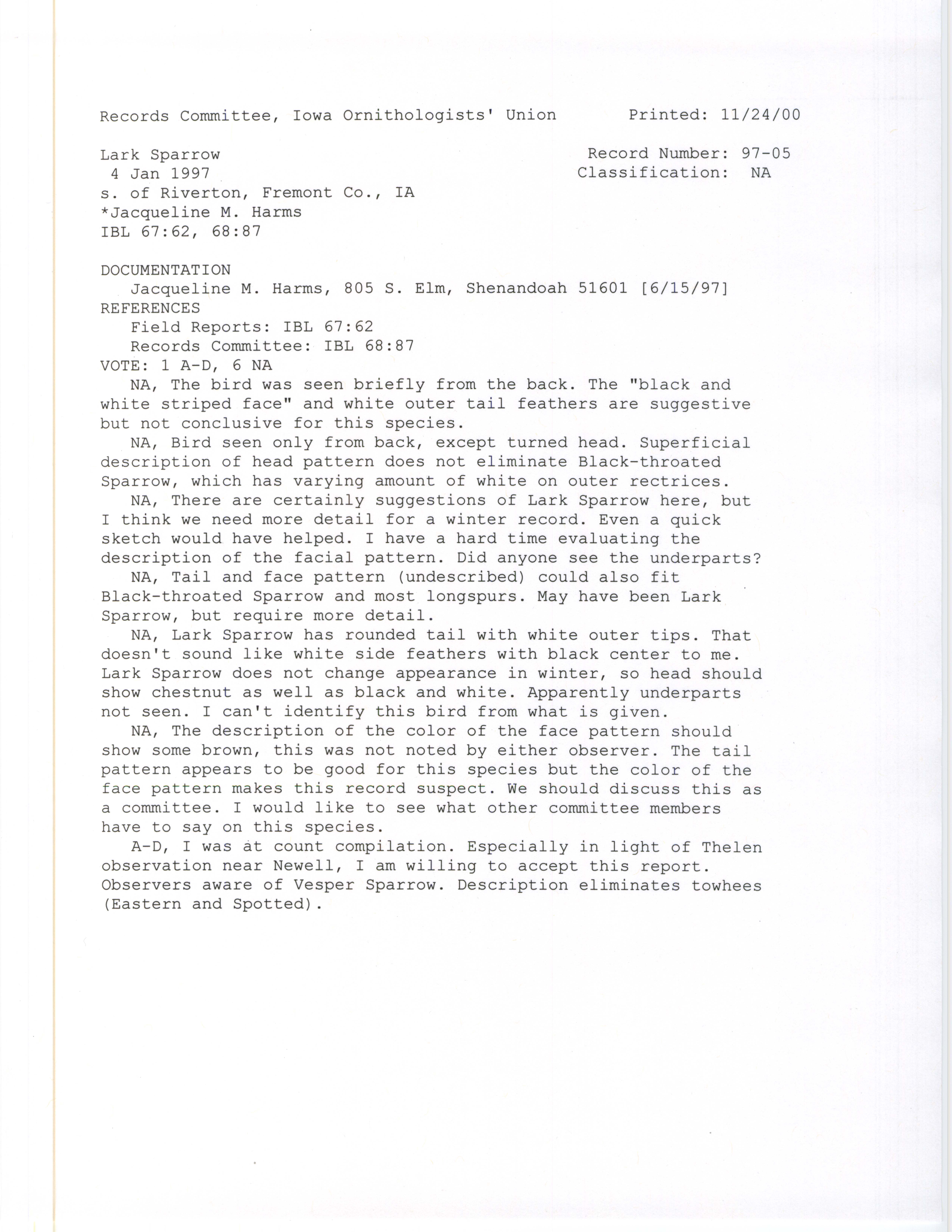 Records Committee review for rare bird sighting for Lark Sparrow south of Riverton, 1997