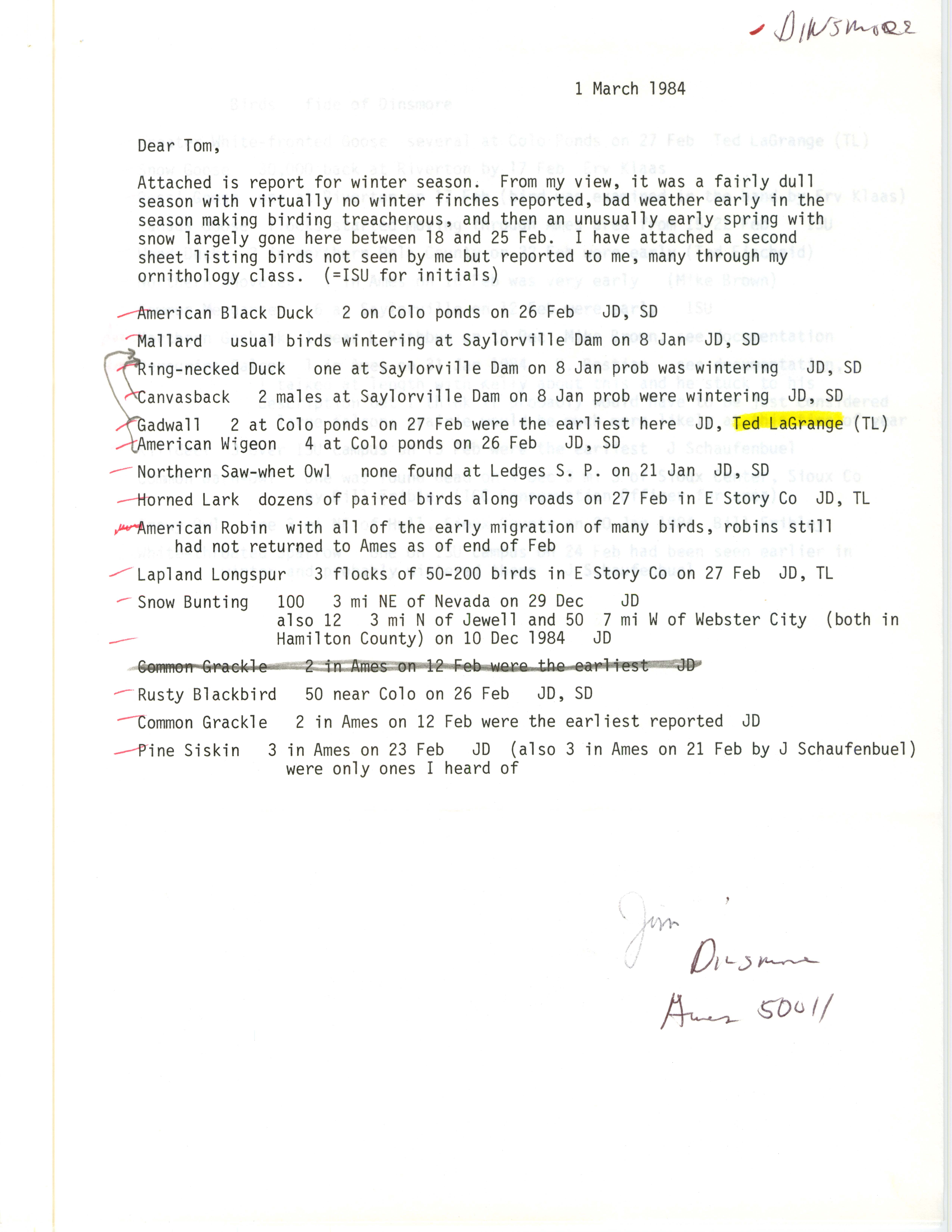 James J. Dinsmore letter to Thomas H. Kent regarding winter bird sightings, March 1, 1984