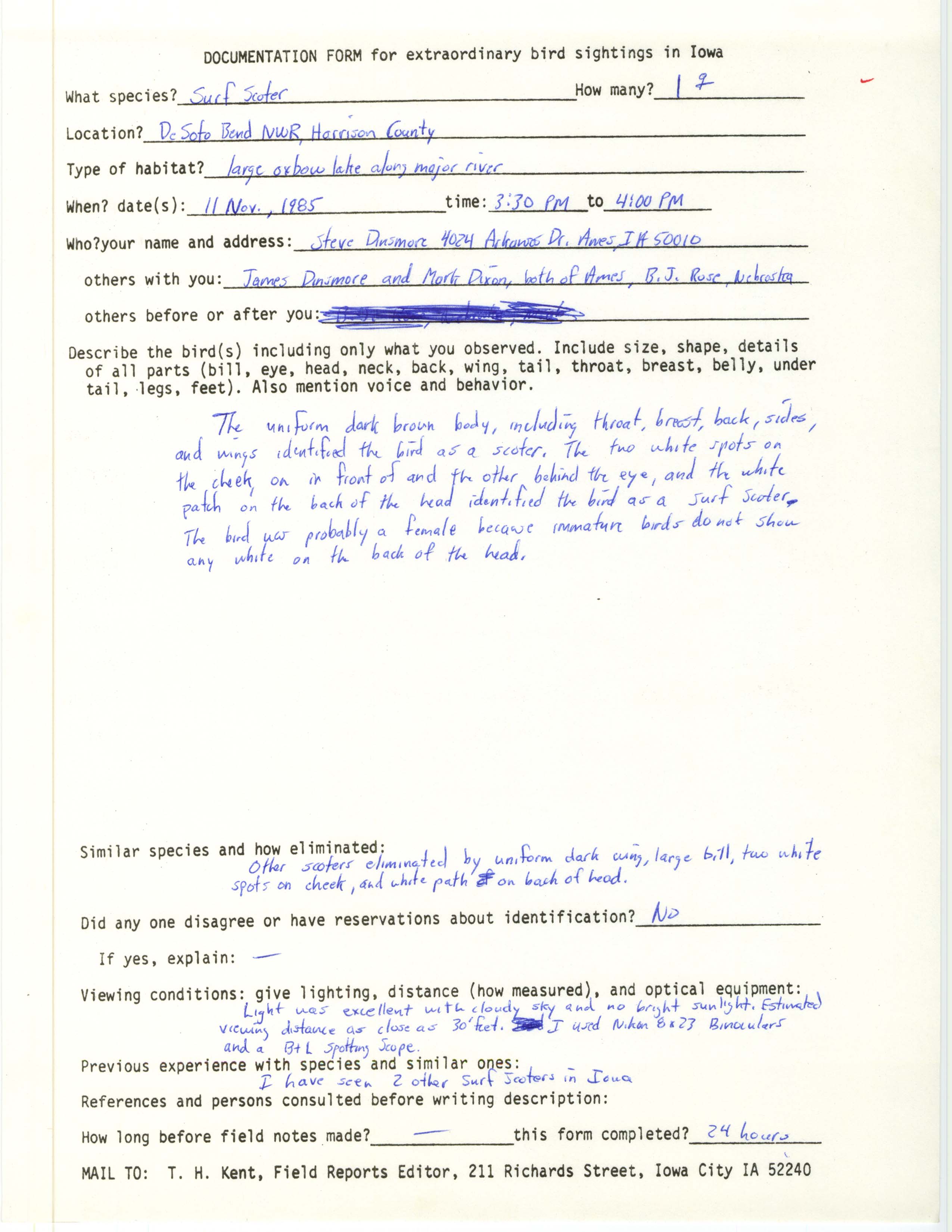 Rare bird documentation form for Surf Scoter at DeSoto Bend National Wildlife Refuge, 1985