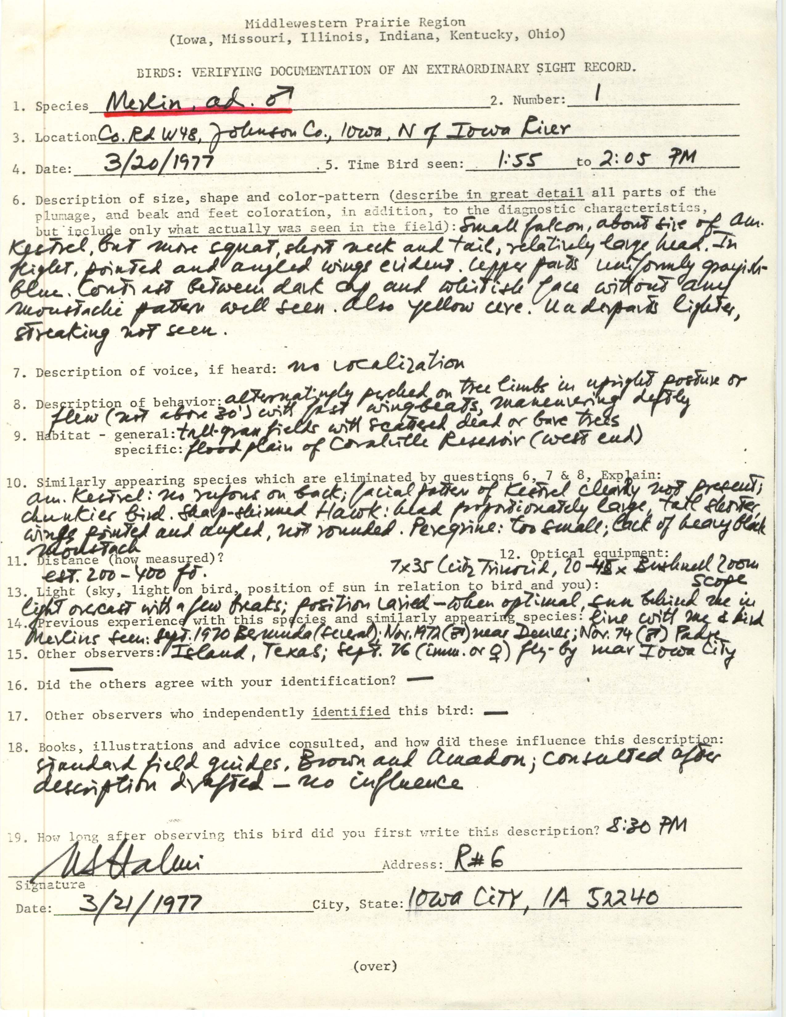 Rare bird documentation form for Merlin at County Road W48 in Johnson County, 1977