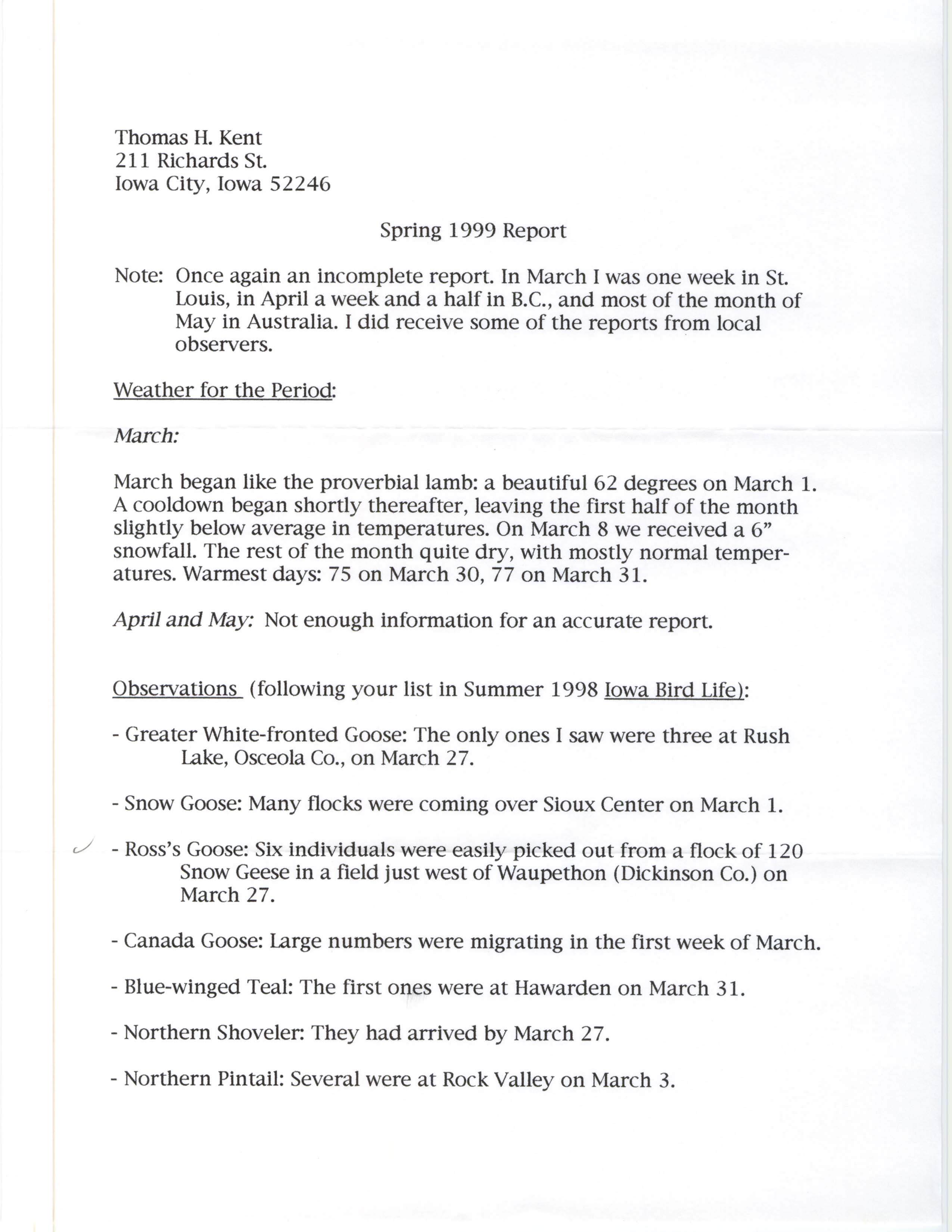 Spring 1999 report, John Van Dyk