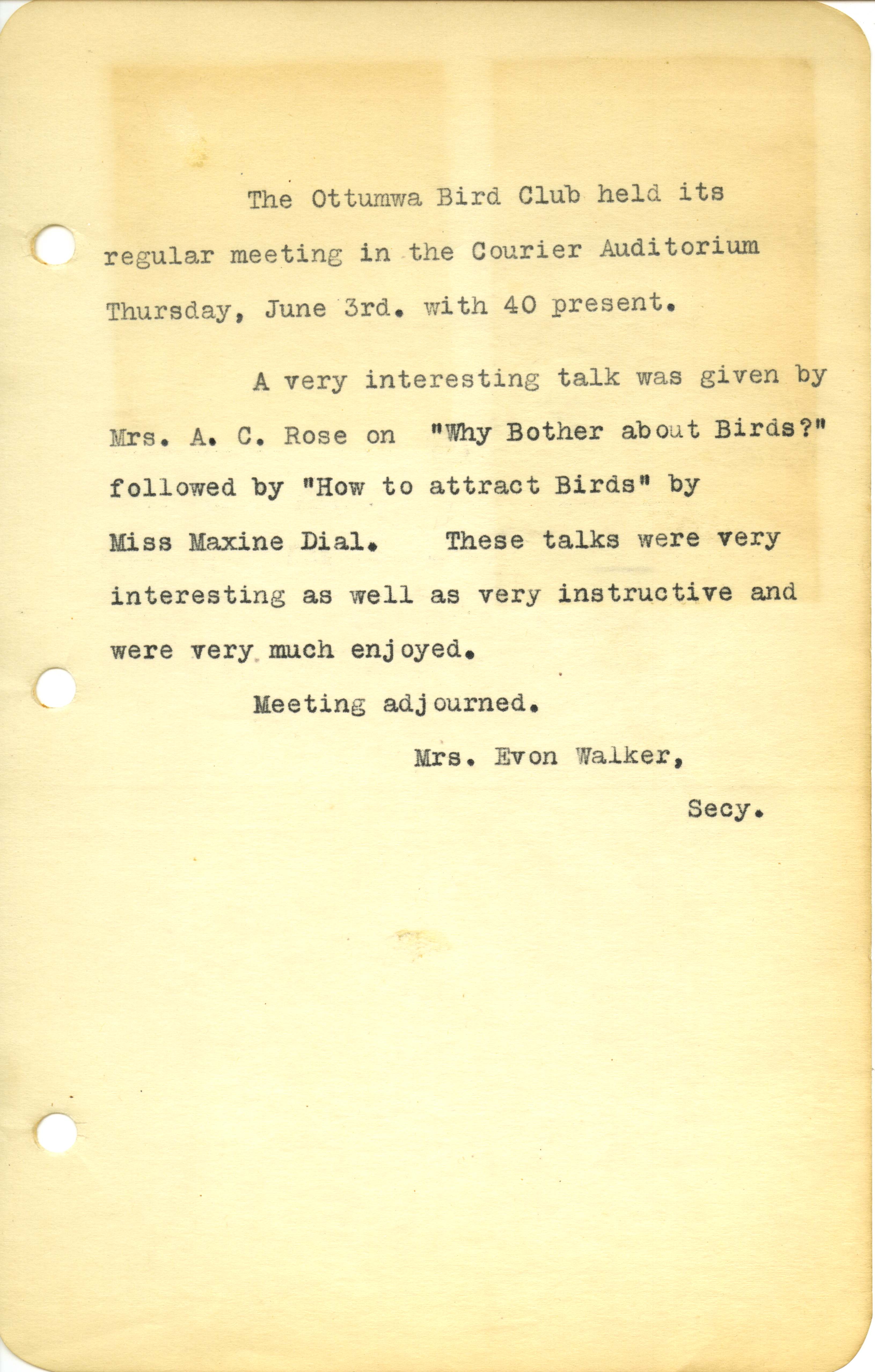 Ottumwa Bird Club meeting minutes, June 3, 1943