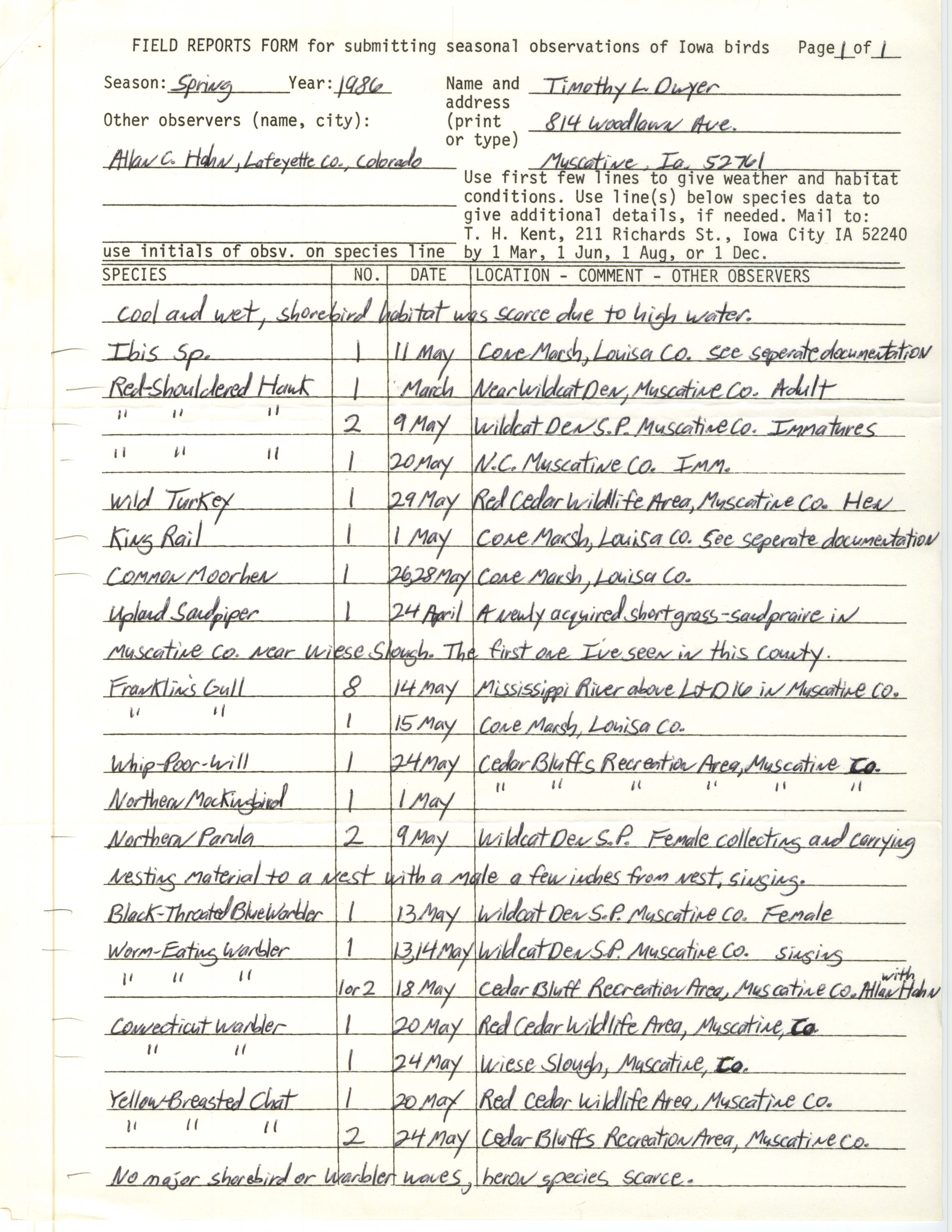Field reports form for submitting seasonal observations of Iowa birds, Timothy Dwyer, Spring 1986