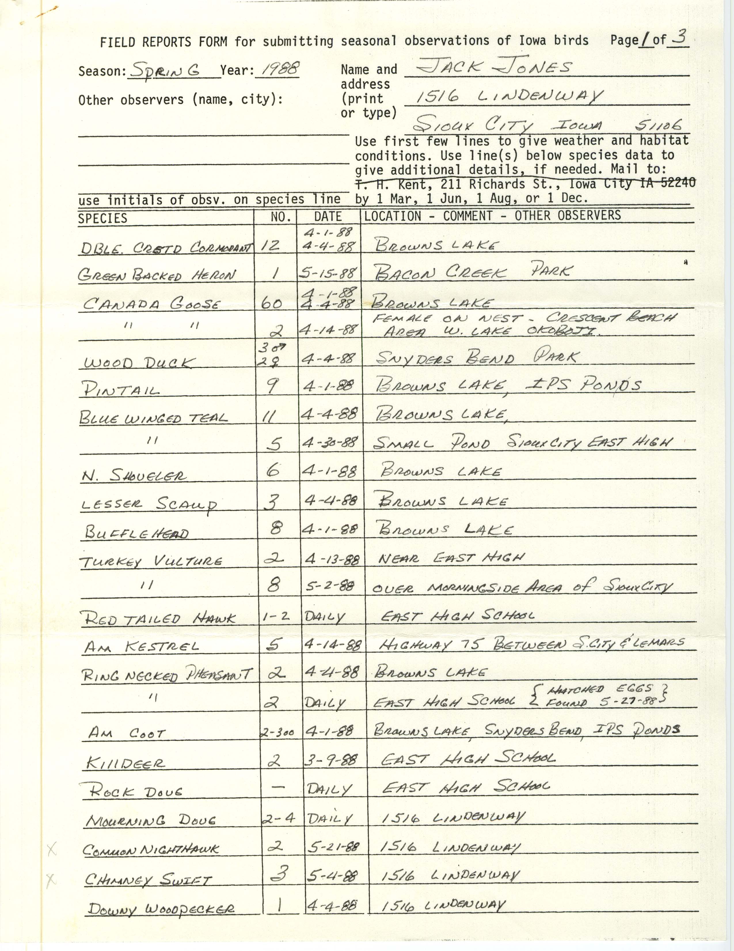 Field reports form for submitting seasonal observations of Iowa birds, Jack Jones, spring 1988
