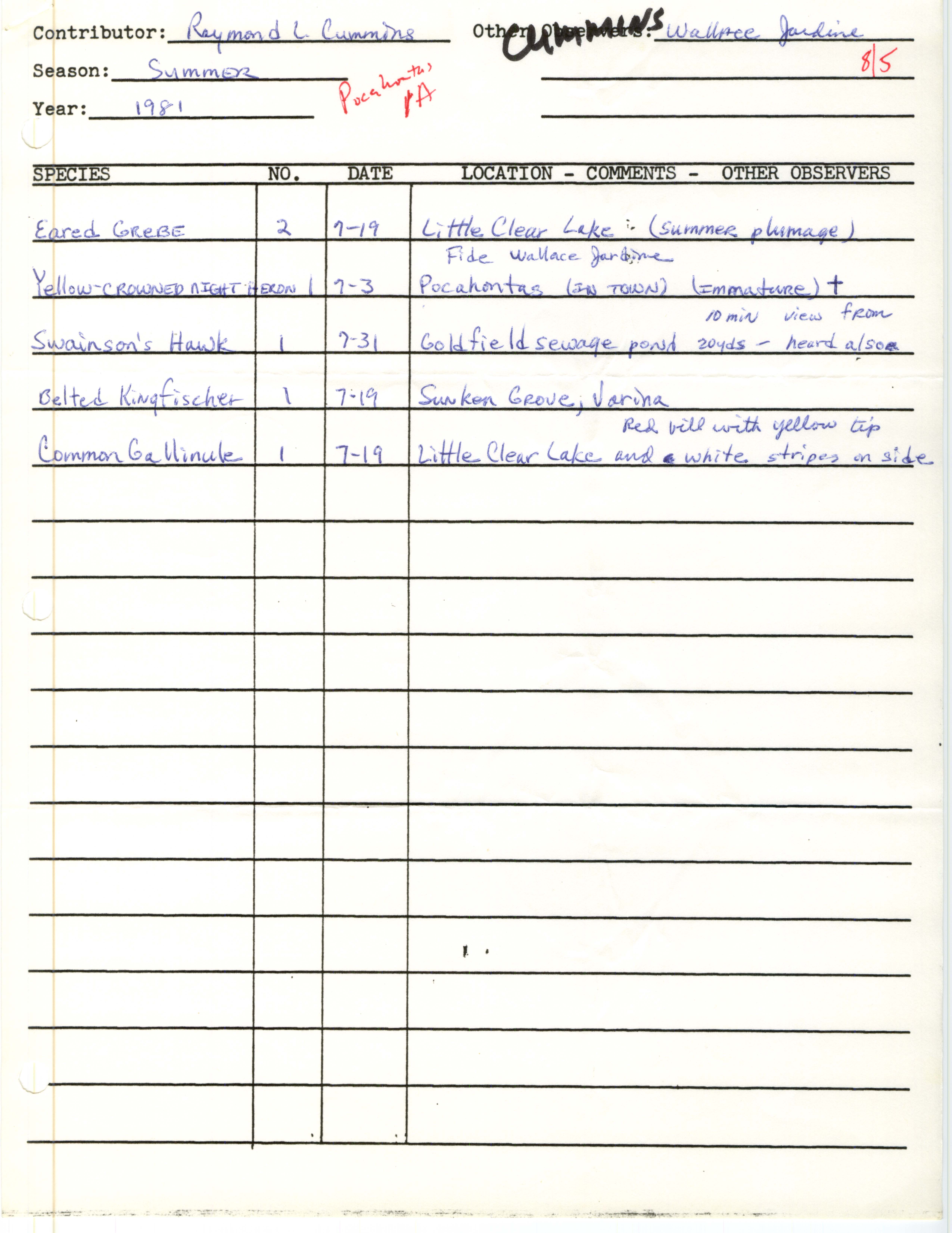 Field notes contributed by Raymond L. Cummins with verifying documentation, summer 1981