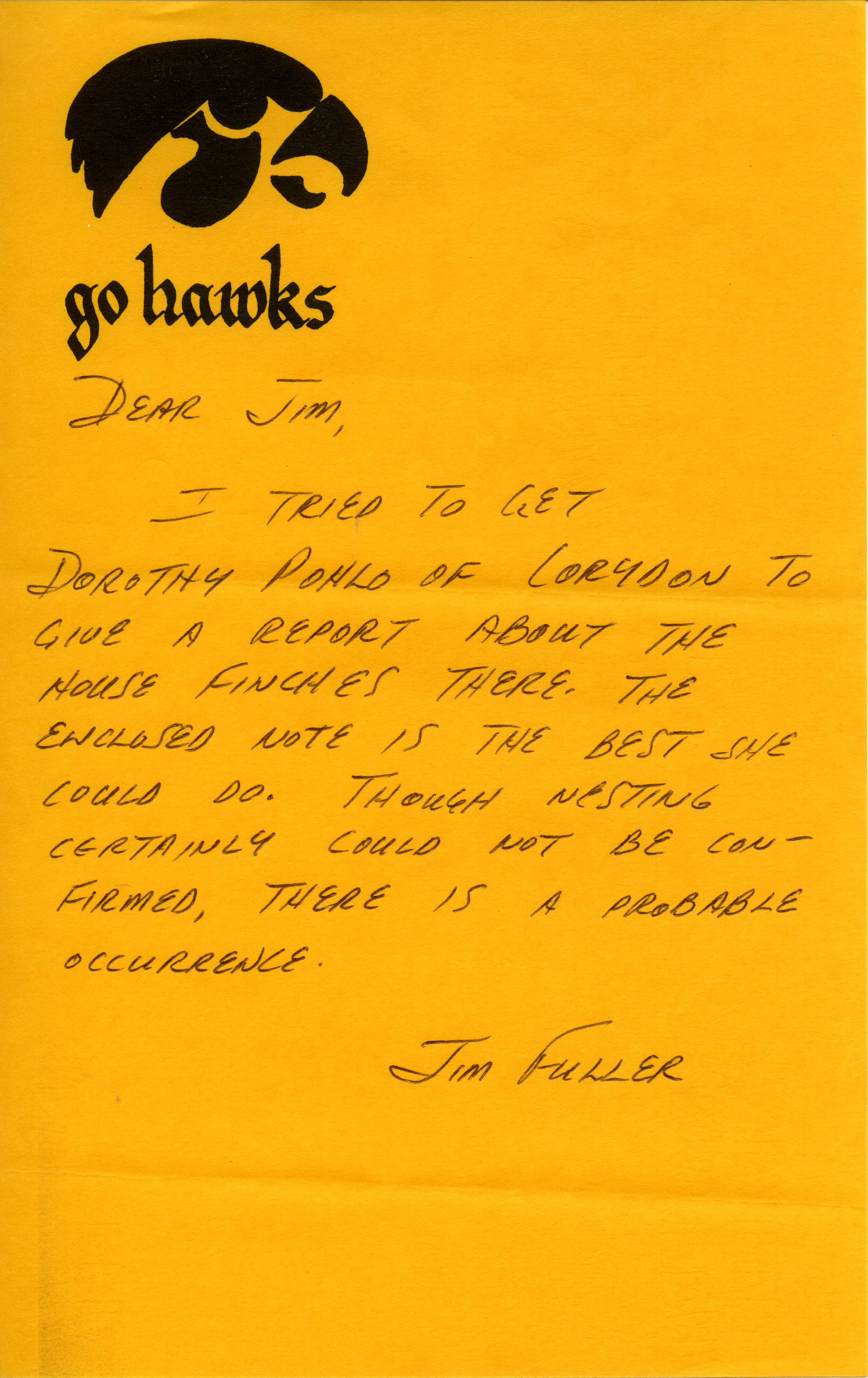 James L. Fuller letter regarding House Finch sightings 