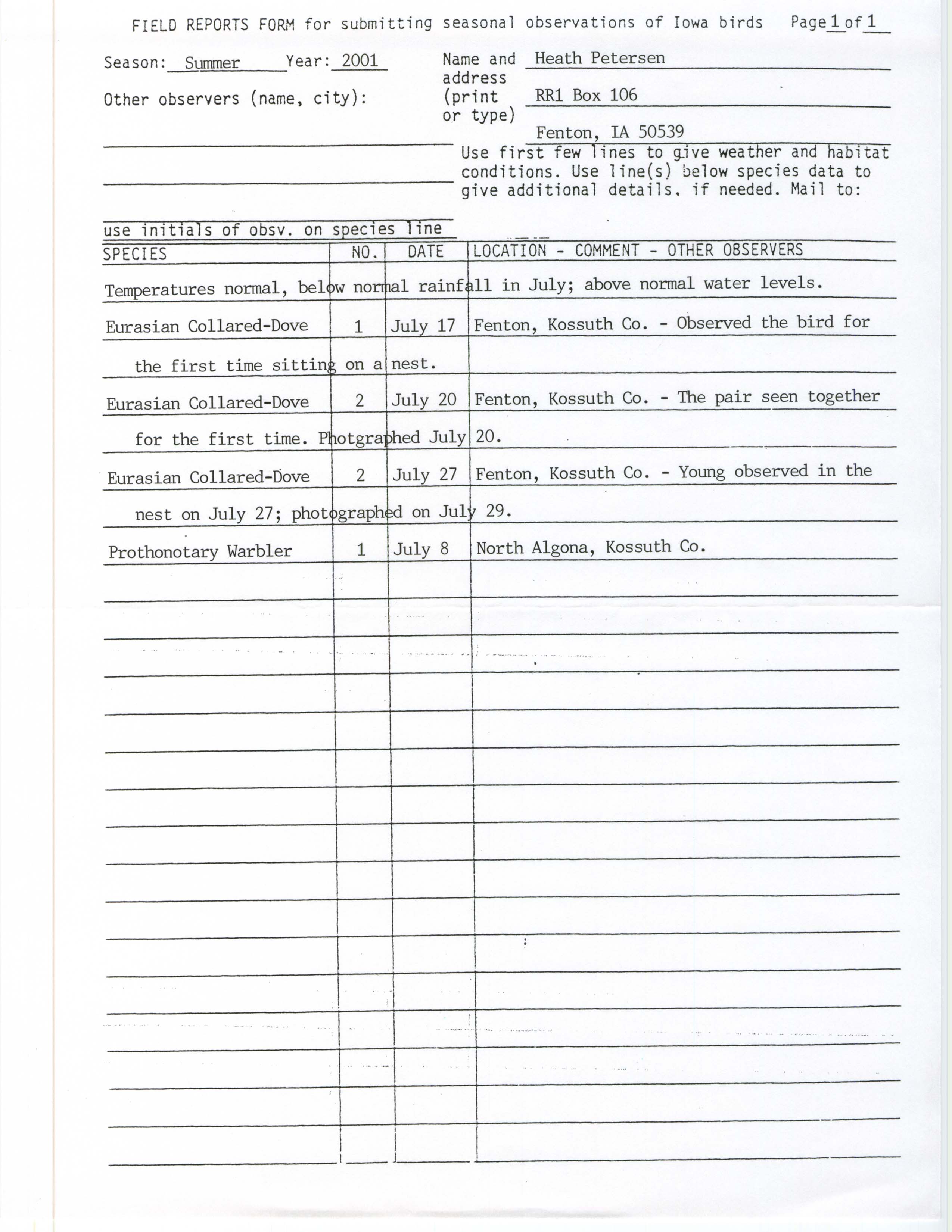 Field reports form for submitting seasonal observations of Iowa birds, Heath Petersen, summer 2001
