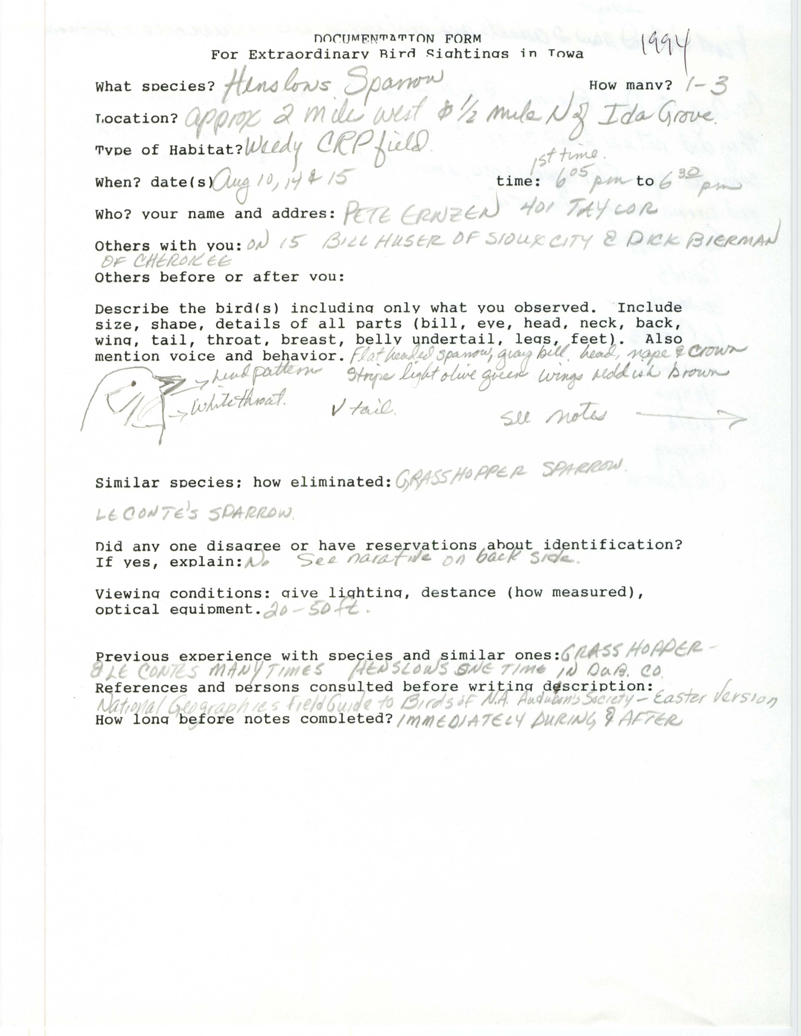 Rare bird documentation form for Henslow's Sparrow west and north of Ida Grove in 1994
