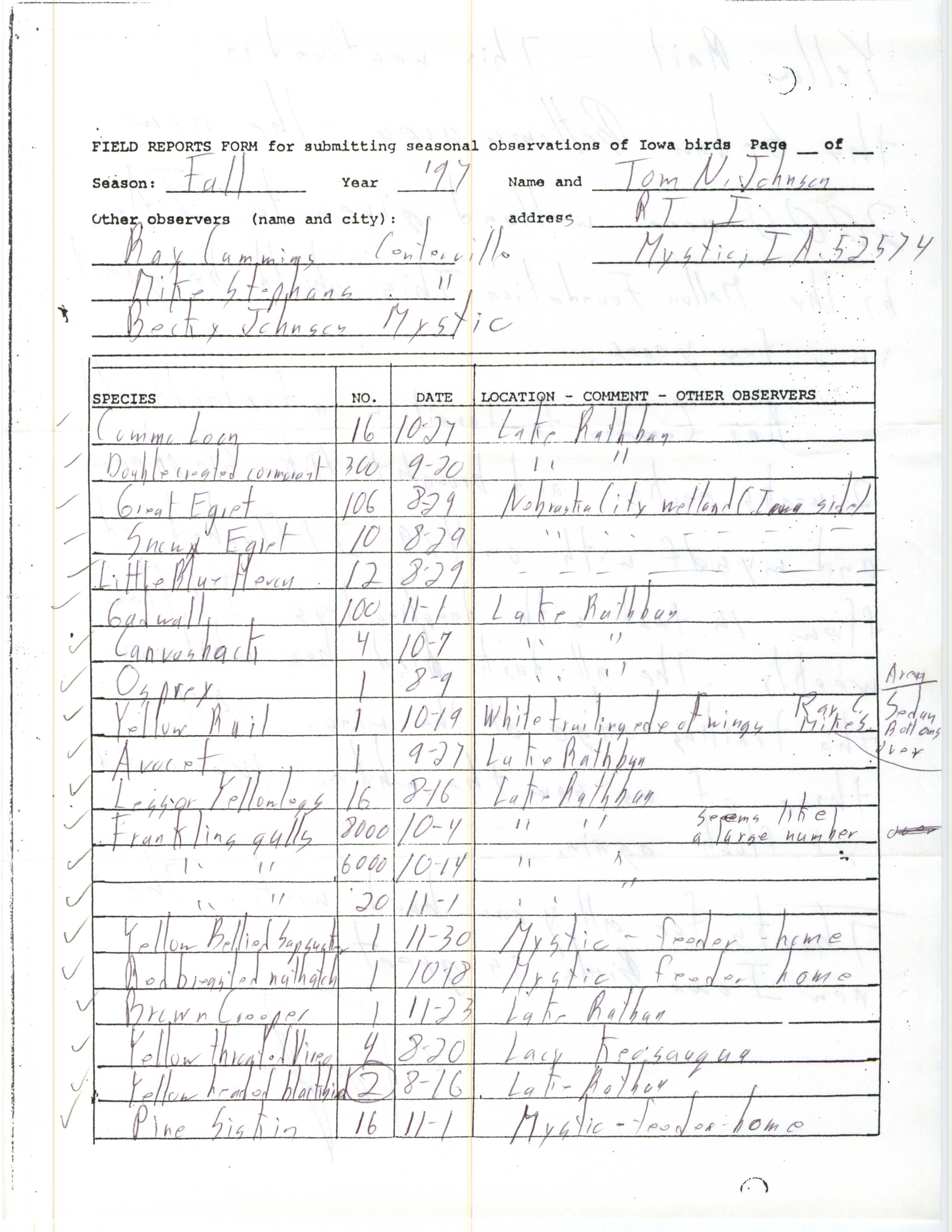 Field reports form for submitting seasonal observations of Iowa birds, Thomas N. Johnson, fall 1997