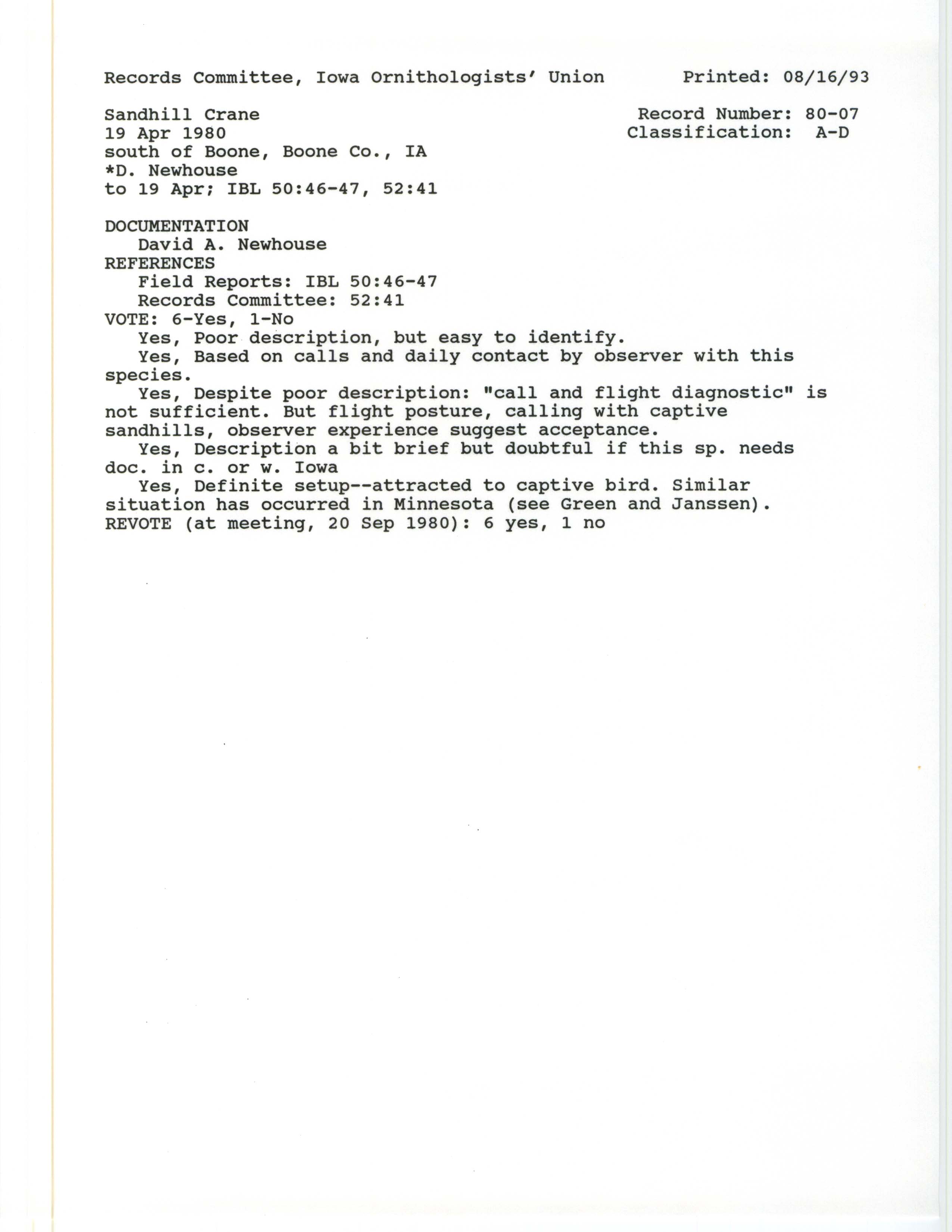 Record Committee review for rare bird sighting of Sandhill Crane south of Boone, 1980