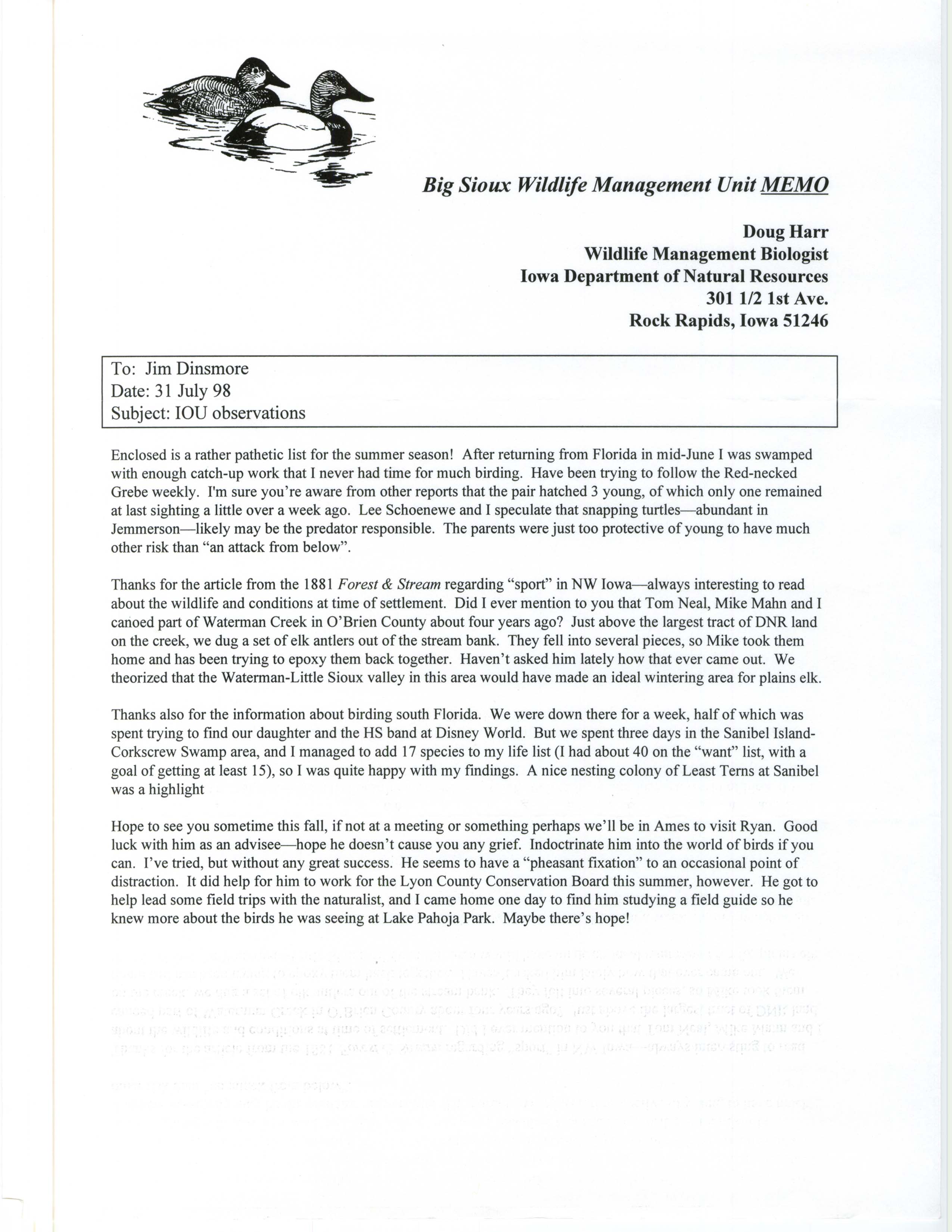 Doug Harr letter to Jim Dinsmore regarding IOU observations, July 31, 1998