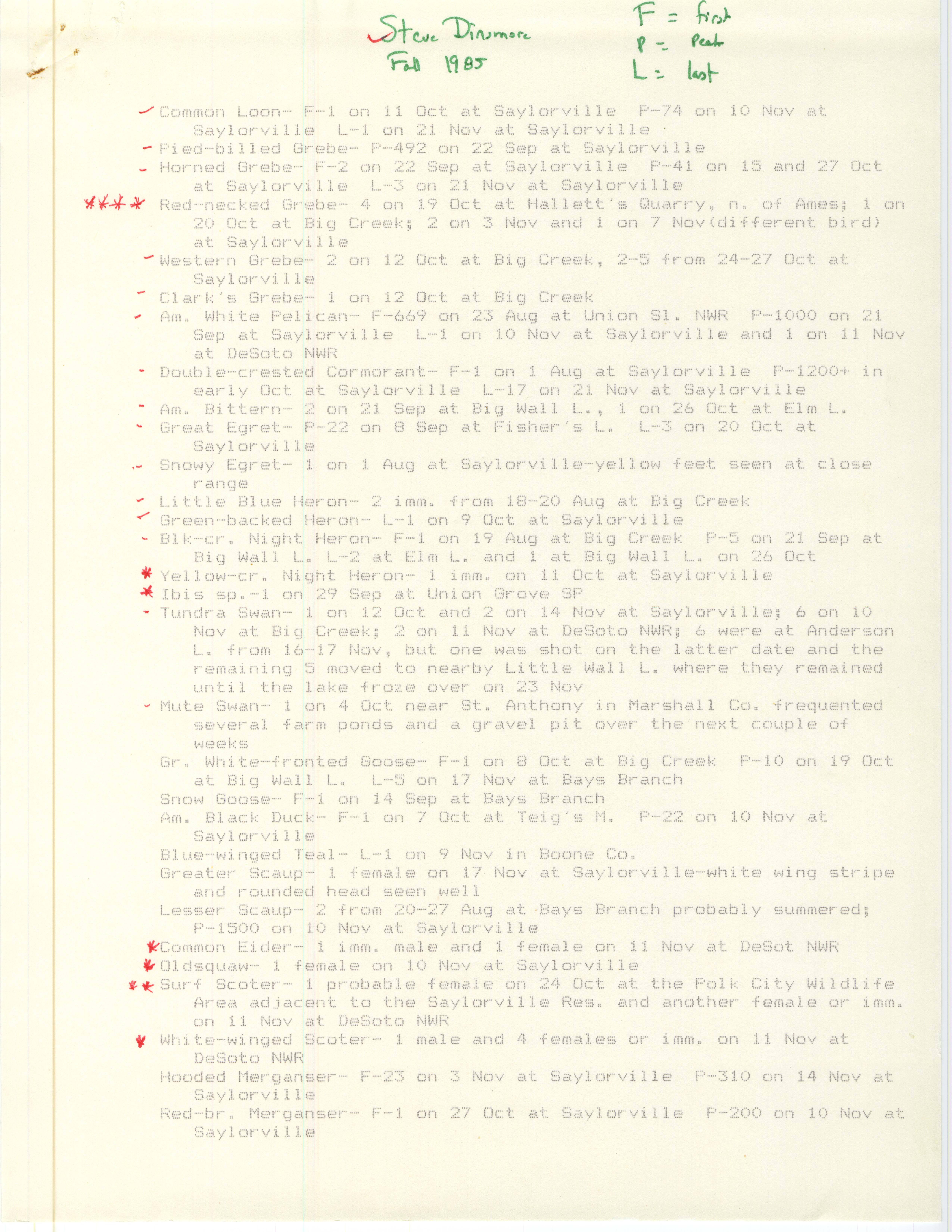 Annotated bird sighting list for Fall 1985 compiled by Steve Dinsmore