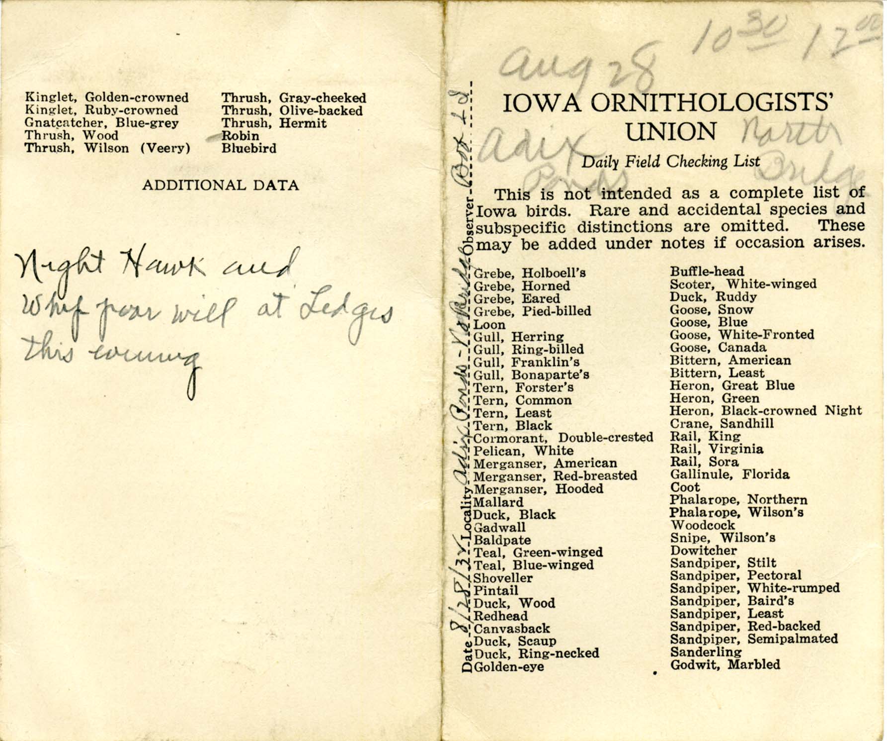 Daily field checking list, Walter Rosene, August 28, 1932