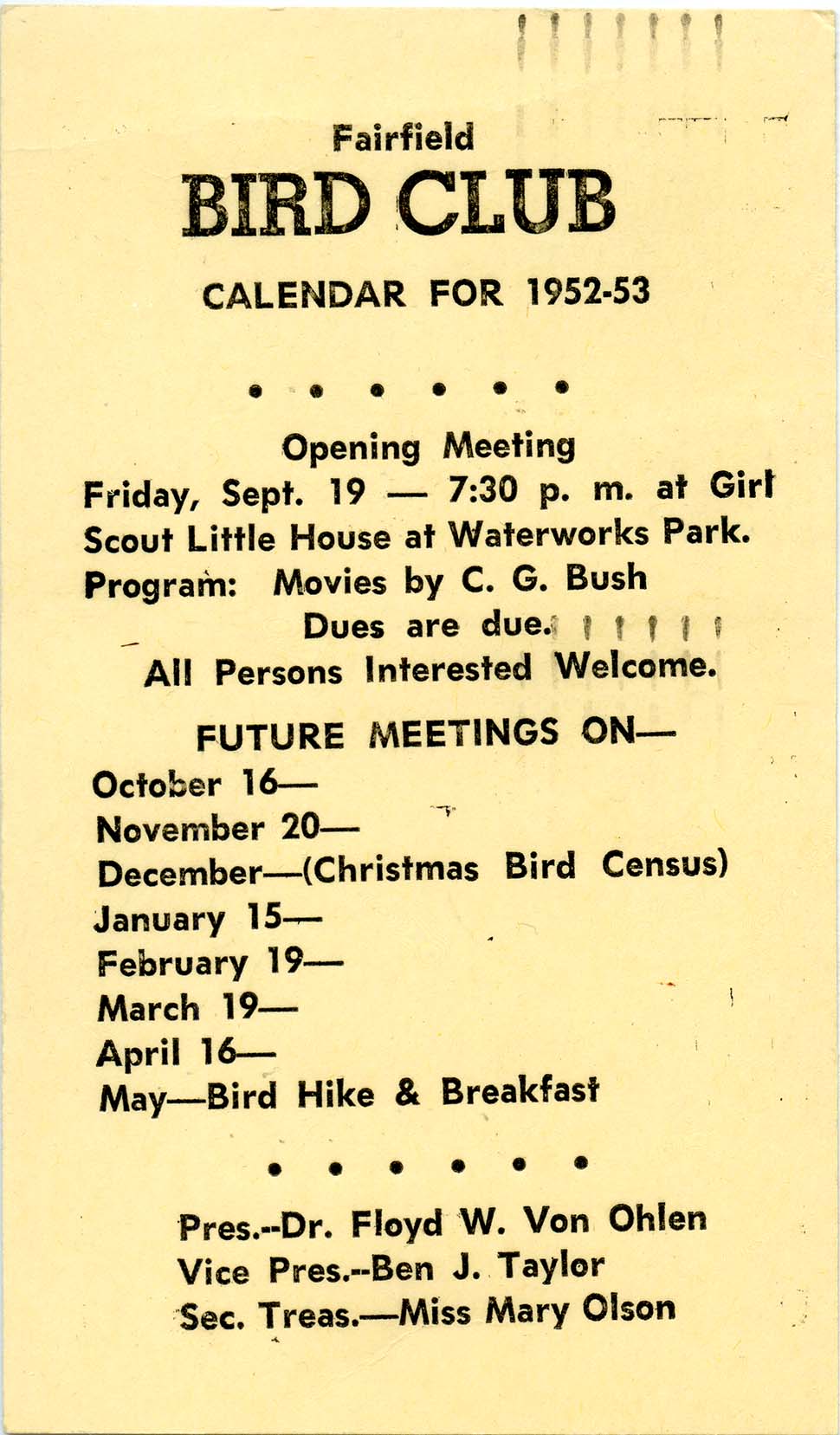 Fairfield Bird Club Calendar for 1952-53