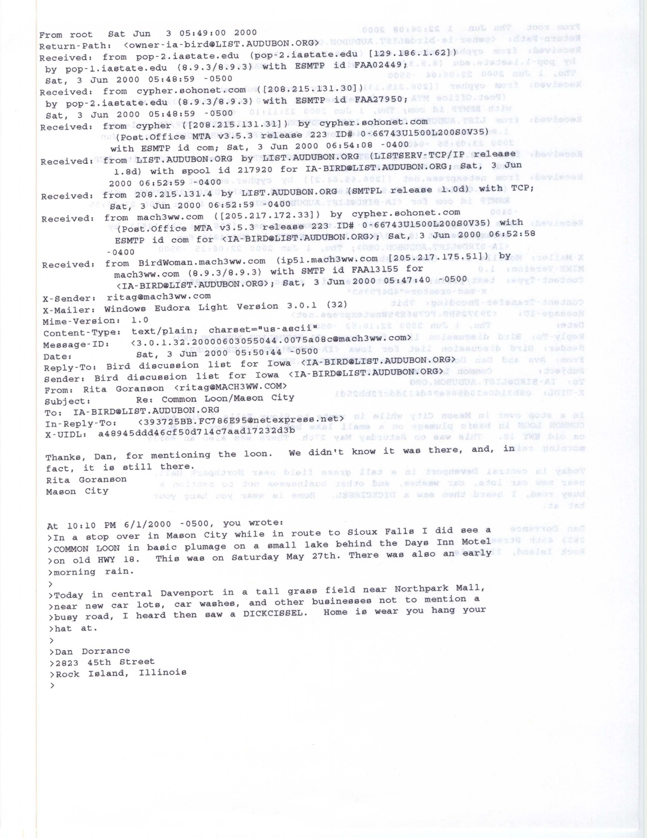 Dan Dorrance email to the IA-BIRD mailing list regarding Common Loon and Dickcissel sightings with a reply email from Rita Goranson, June 1 and June 3, 2000