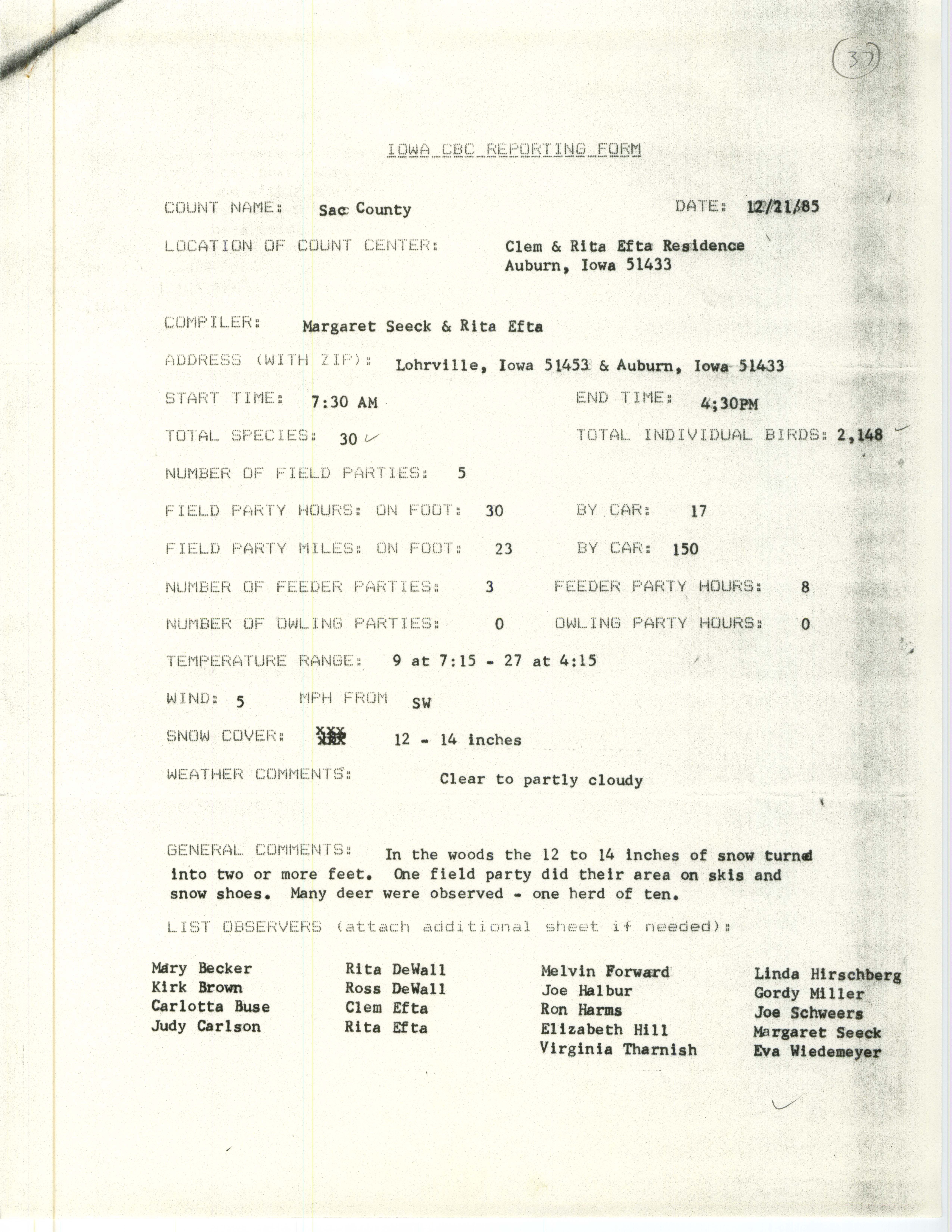 Iowa CBC reporting form, Sac County, December 21, 1985