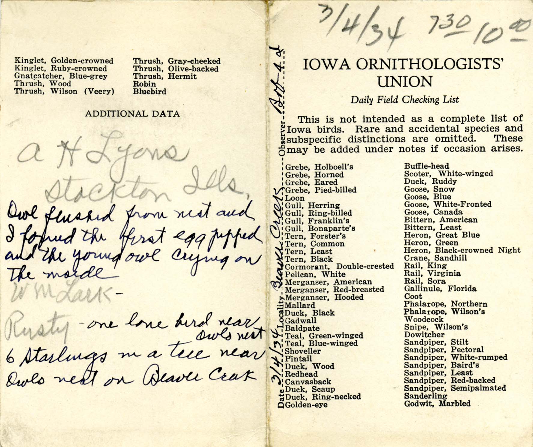 Daily field checking list, Walter Rosene, March 4, 1934