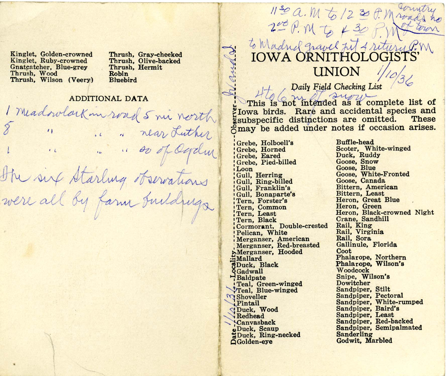 Daily field checking list by Walter Rosene, January 10, 1936