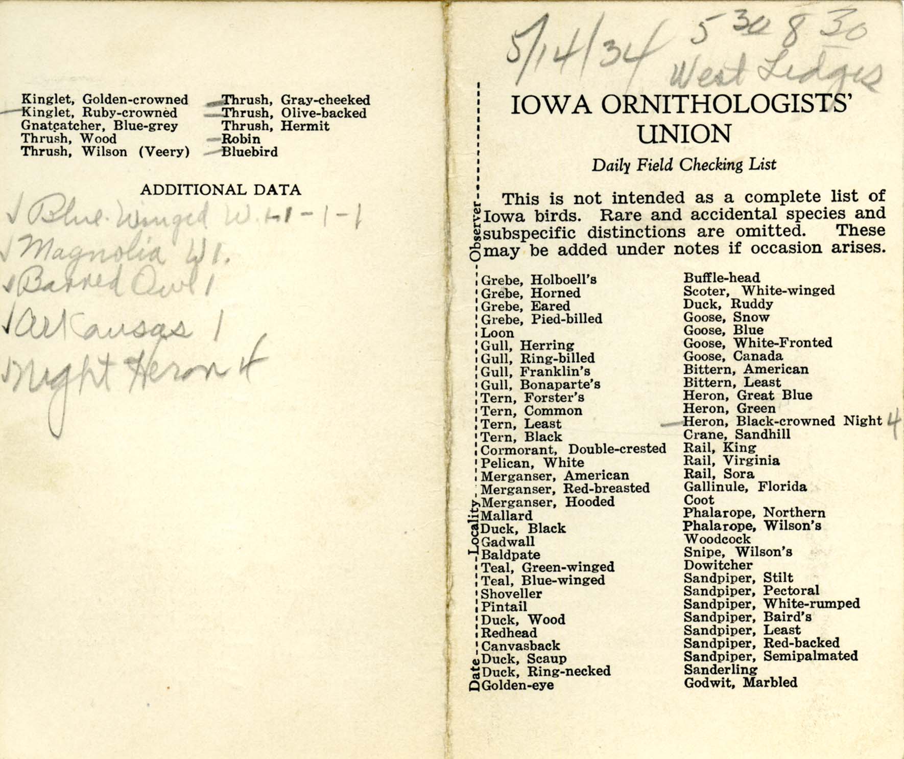 Daily field checking list, Walter Rosene, May 14, 1934
