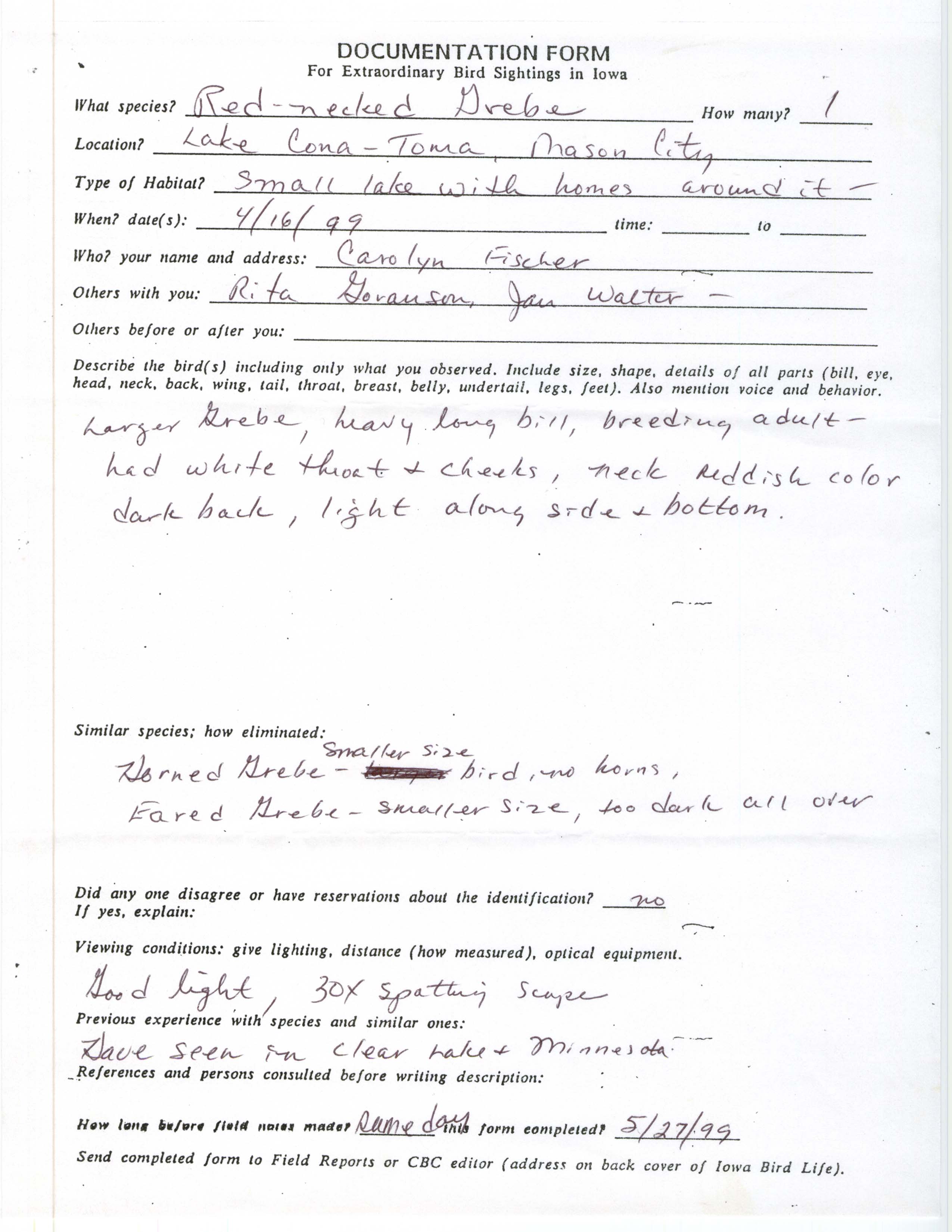 Rare bird documentation form for Red-necked Grebe at Lake Cona-Toma, 1999