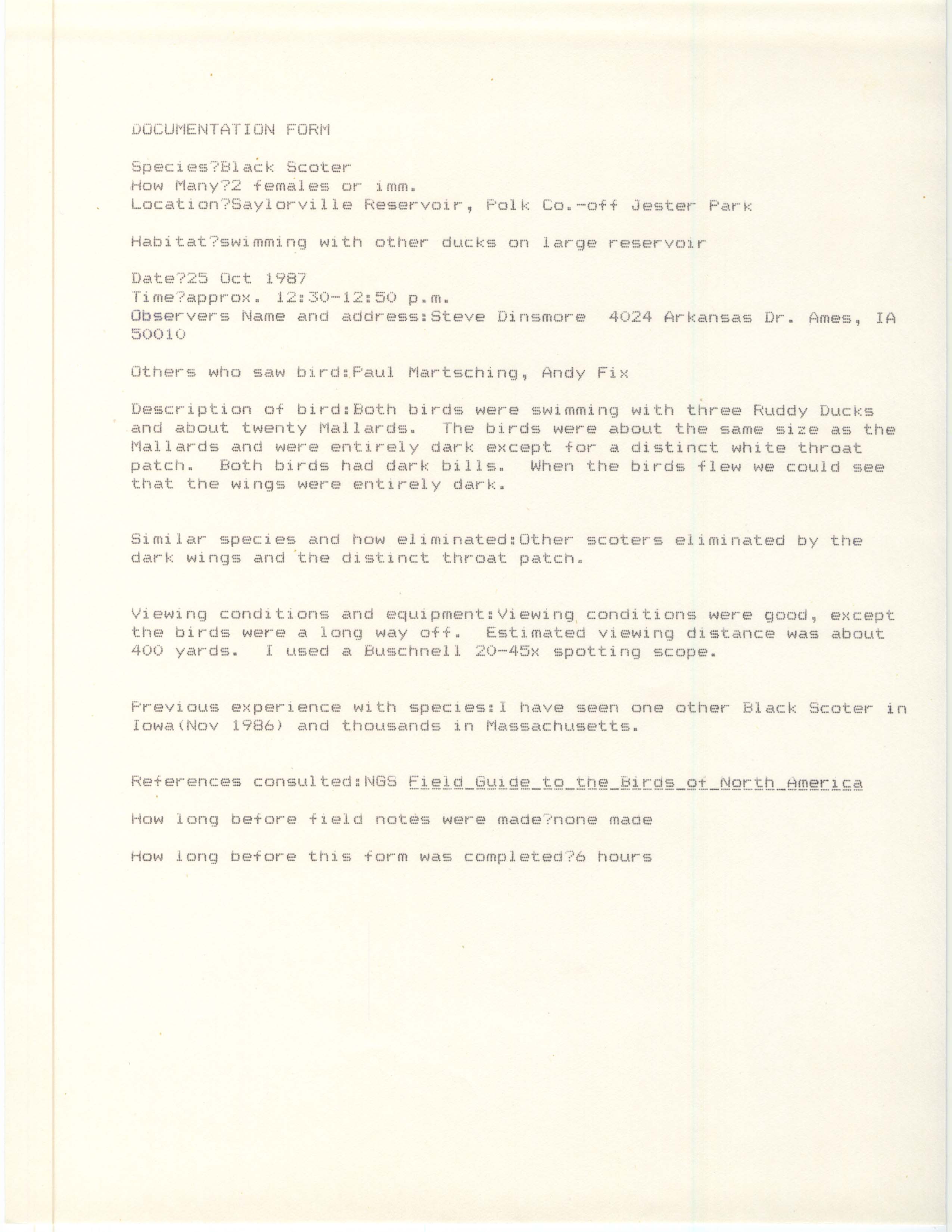 Rare bird documentation form for Black Scoter at Saylorville Reservoir, 1987