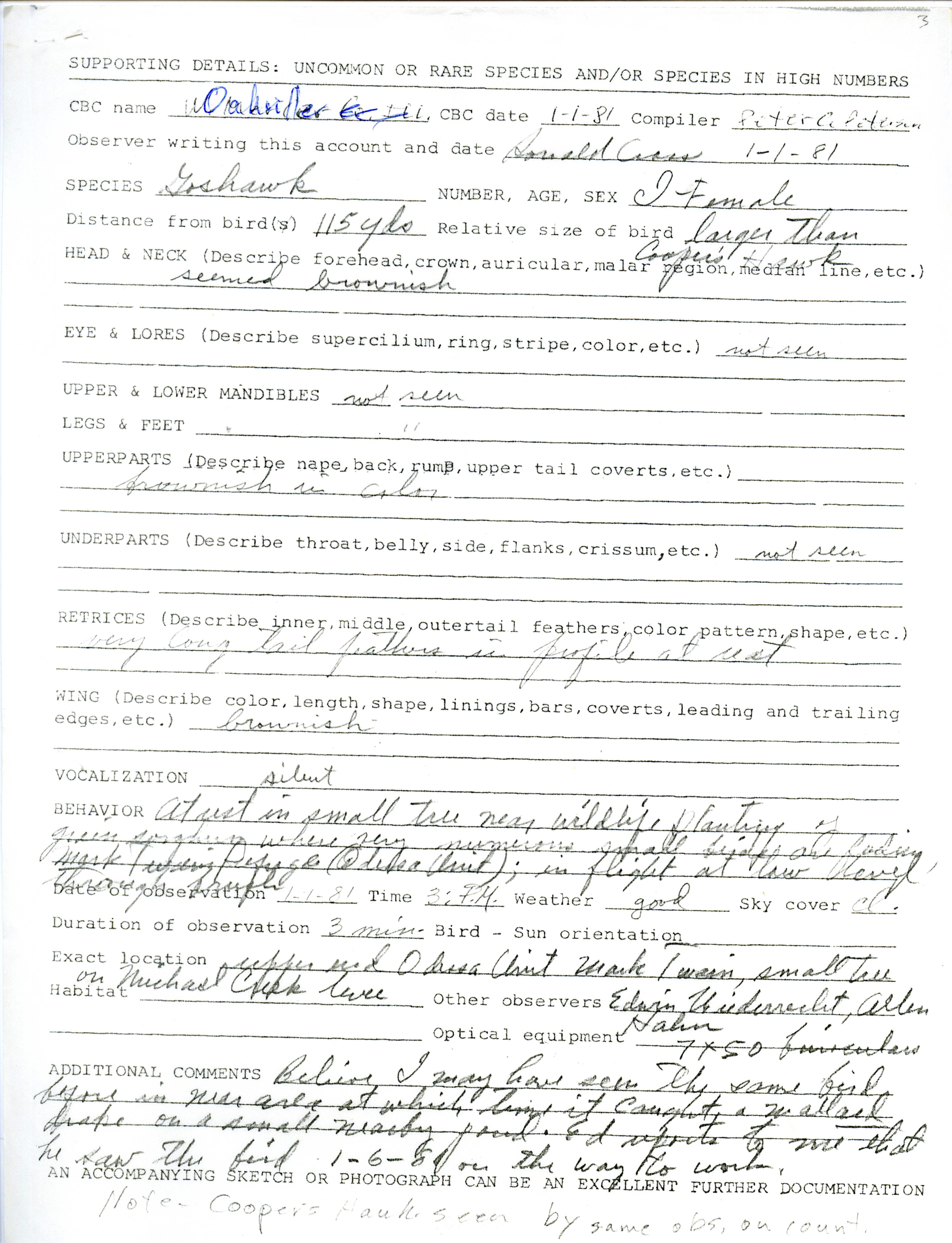 Supporting details form for Goshawk sighting submitted by Donald Cross, January 1 1981