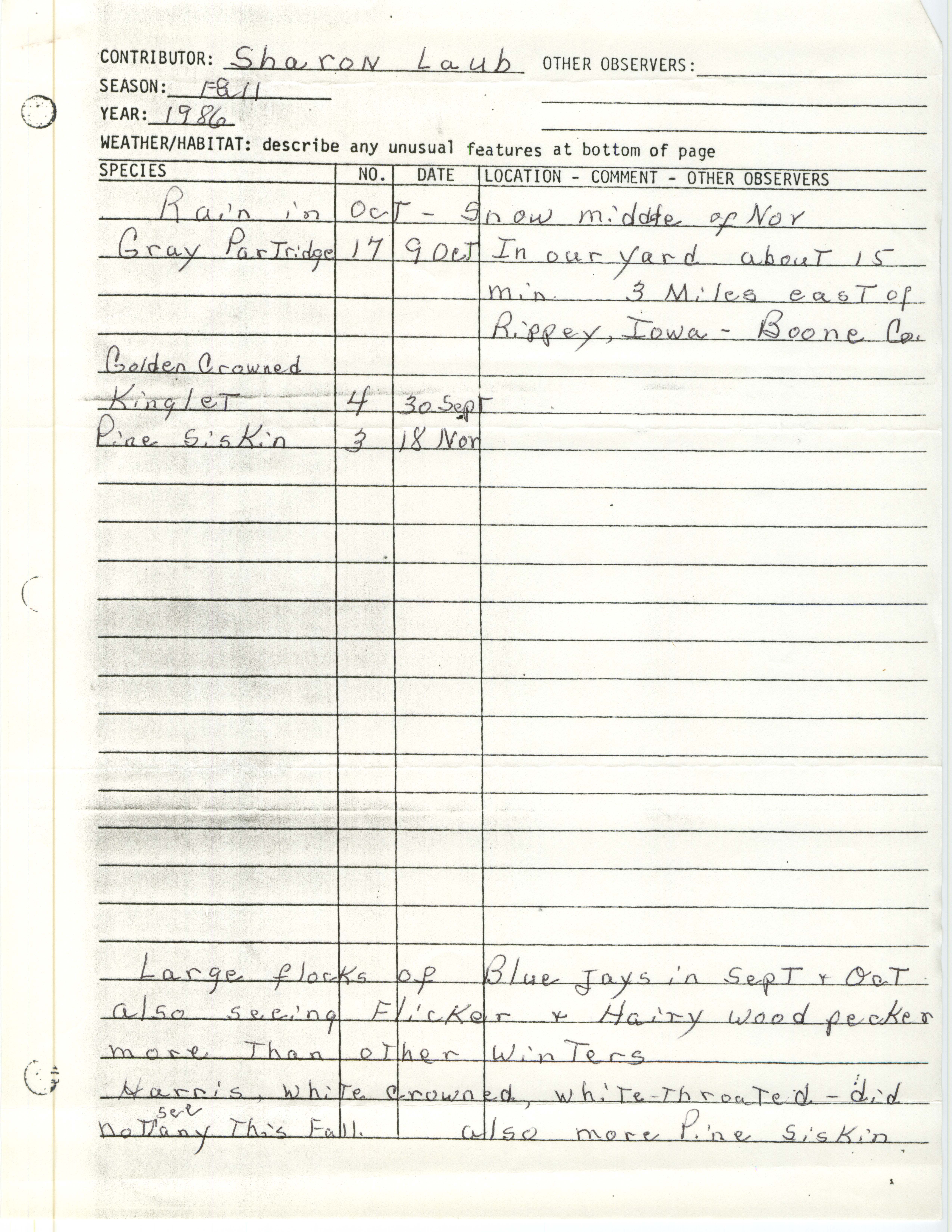 Field notes contributed by Sharon Laub, fall 1986