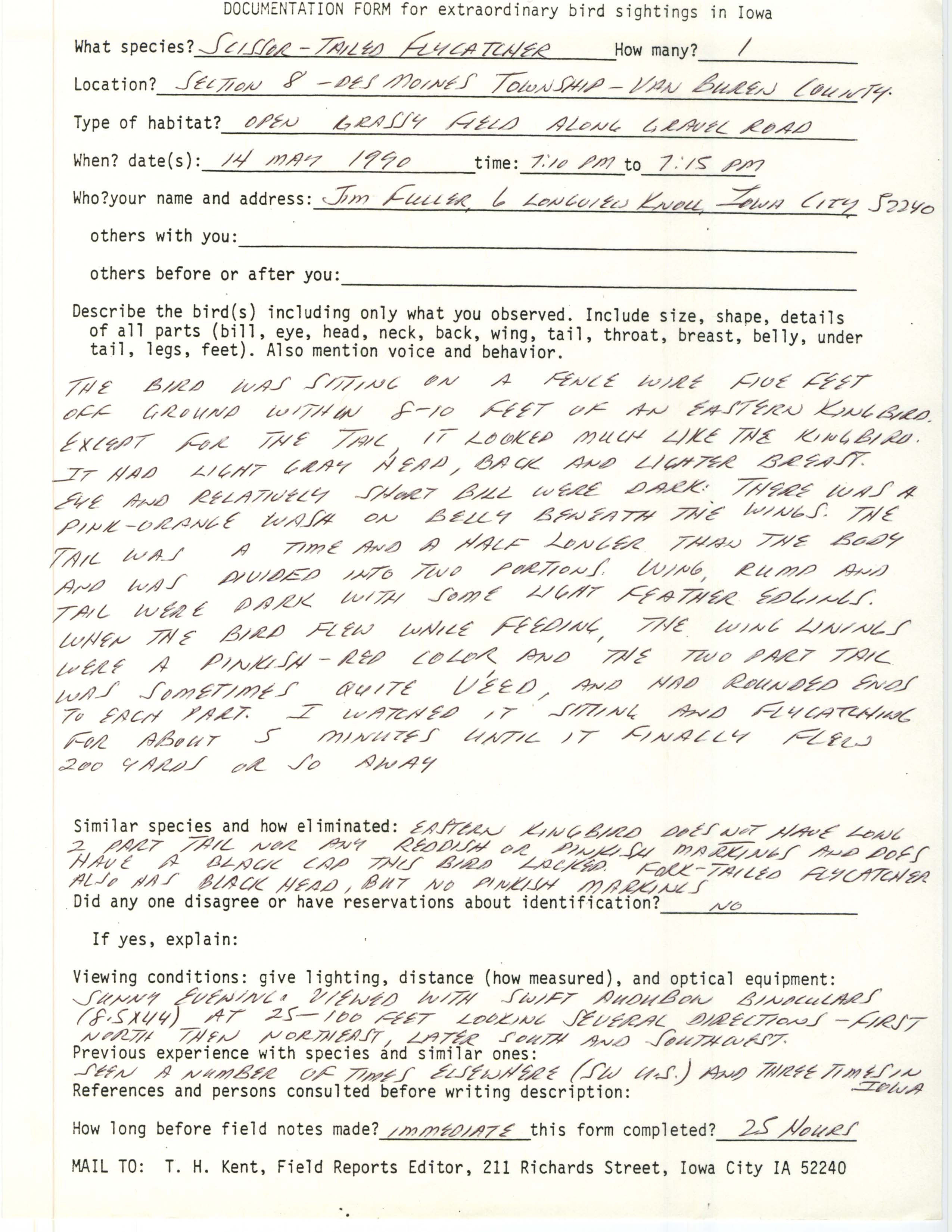 Rare bird documentation form for Scissor-tailed Flycatcher at Des Moines Township in Van Buren County, 1990