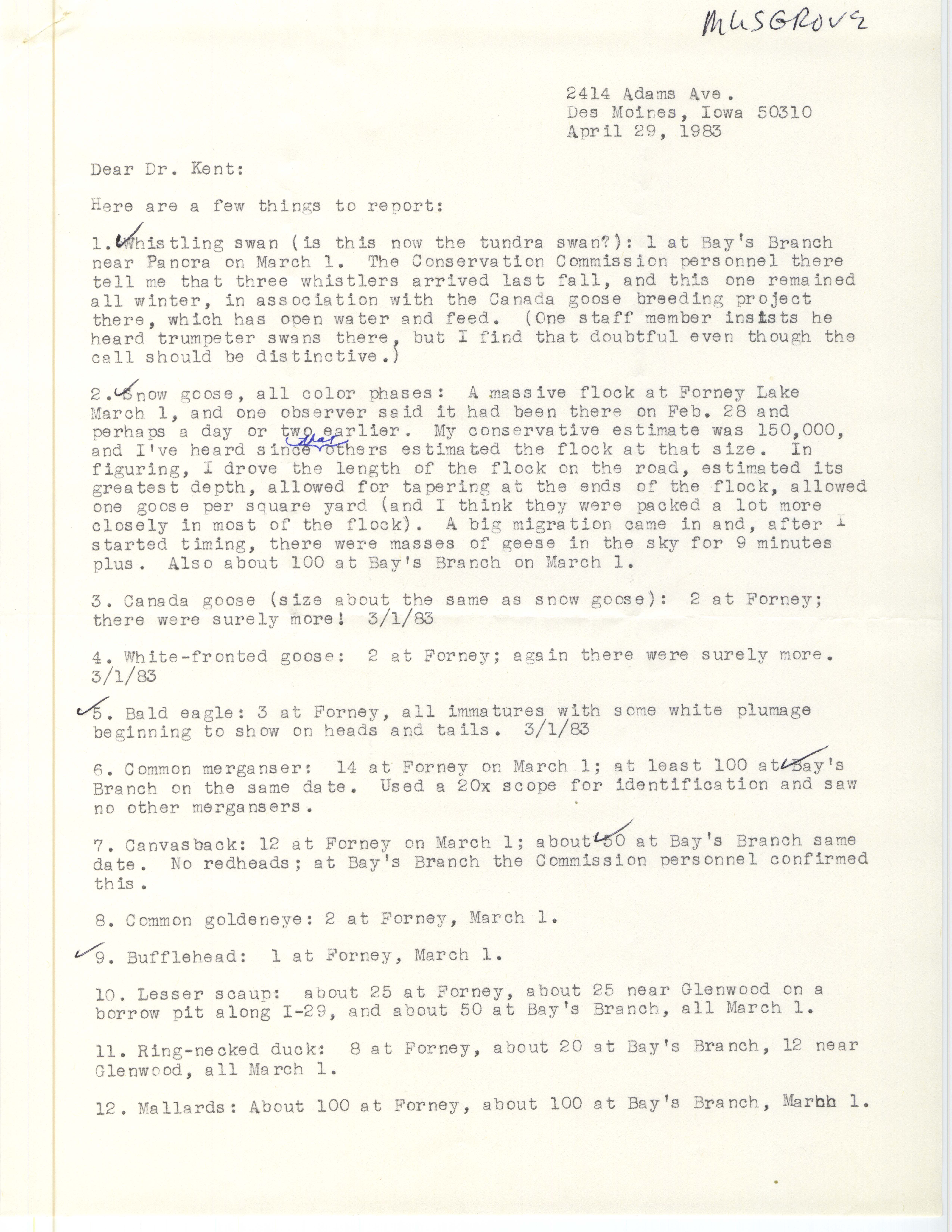 Mary R. Musgrove letter to Thomas H. Kent regarding spring bird sightings, April 29, 1983