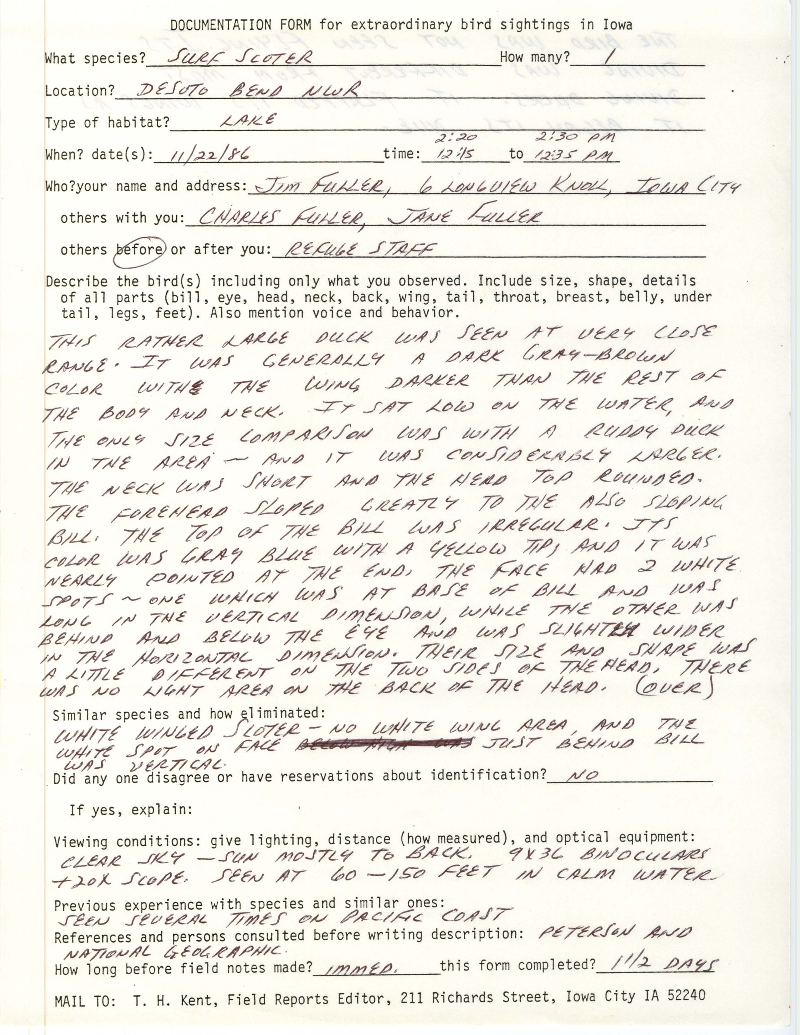Rare bird documentation form for Surf Scoter at DeSoto Bend National Wildlife Refuge, 1986