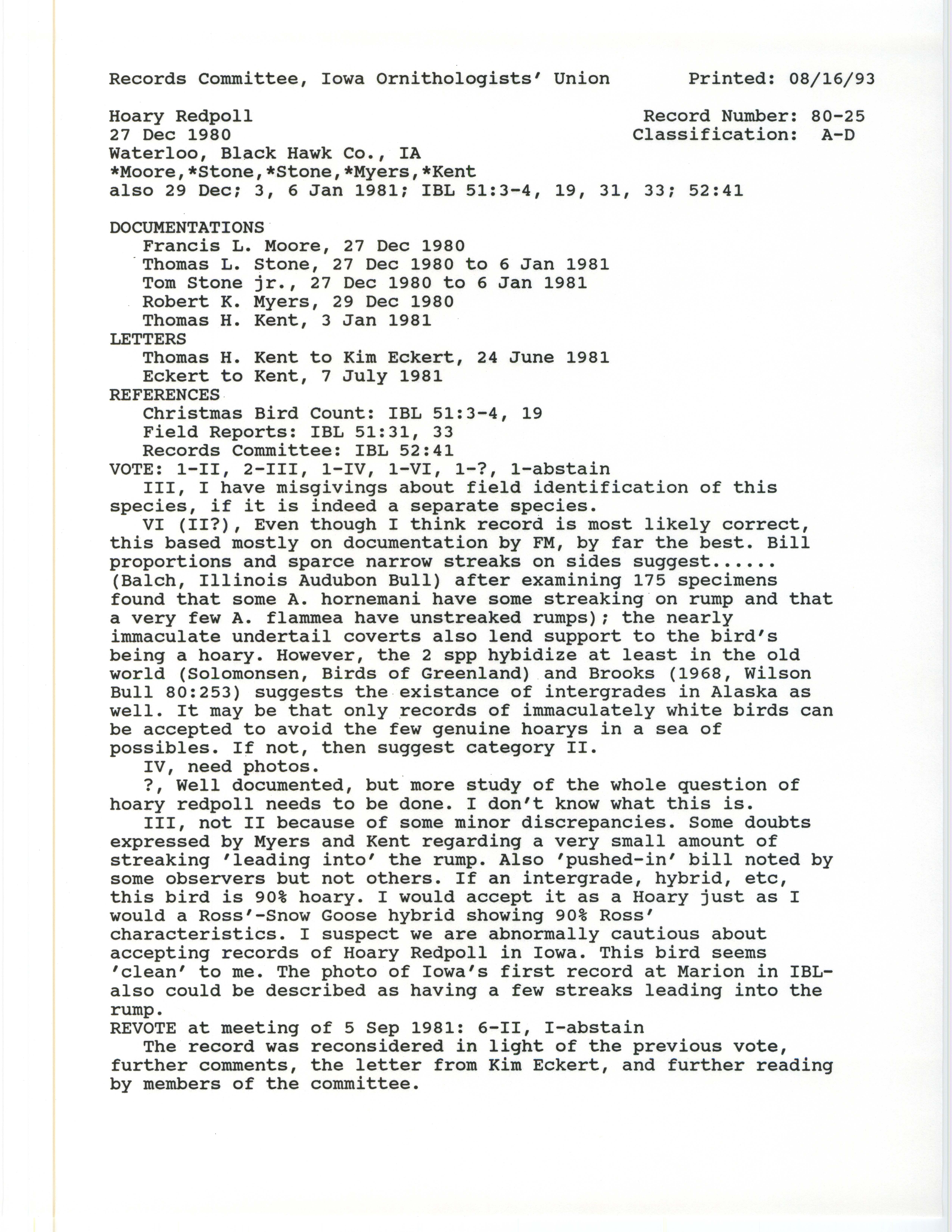 Records Committee review for rare bird sighting for Hoary Redpoll at Waterloo, 1980