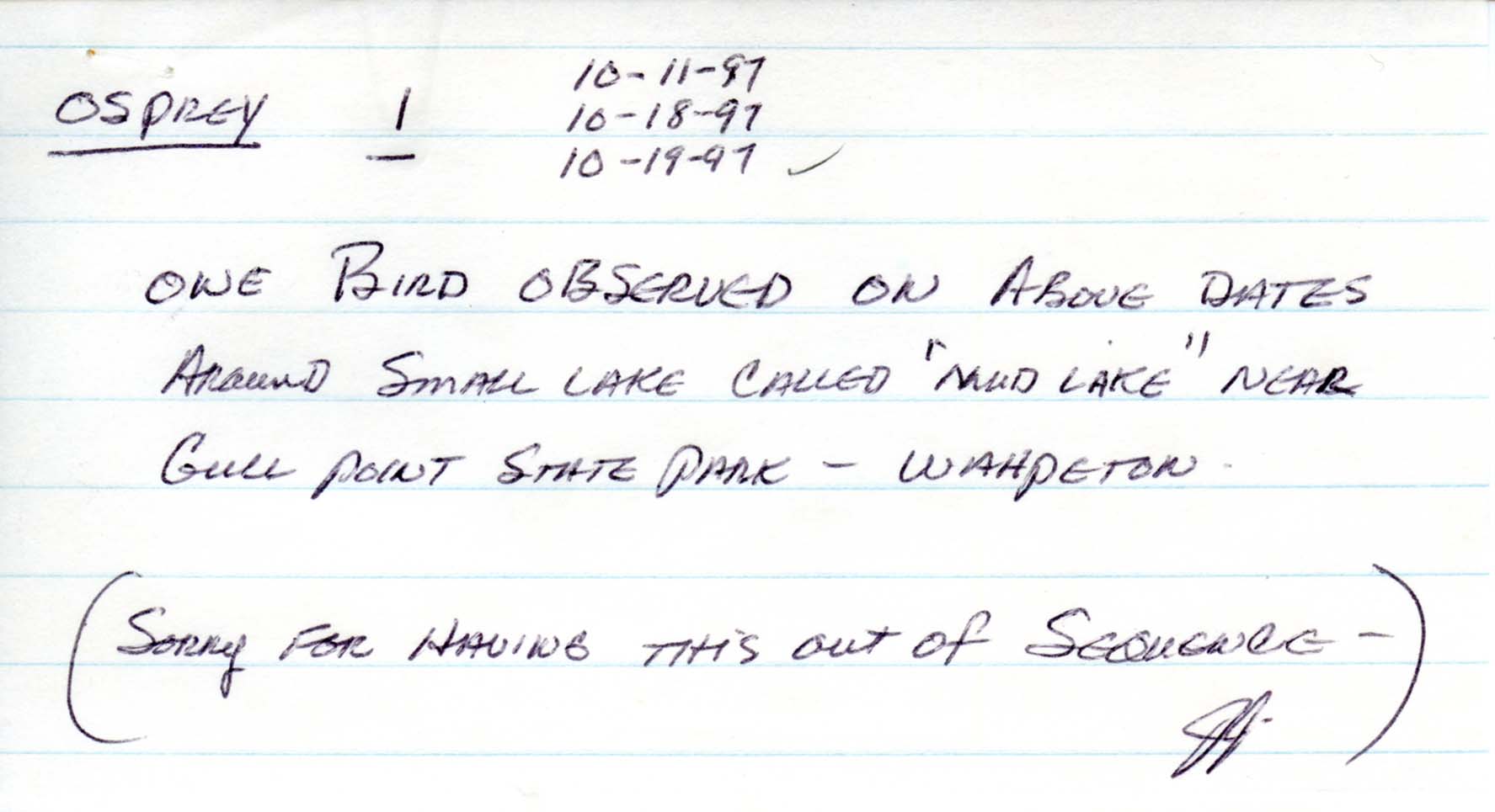 Field reports form for submitting seasonal observations of Iowa birds, Jack Jones, fall 1997